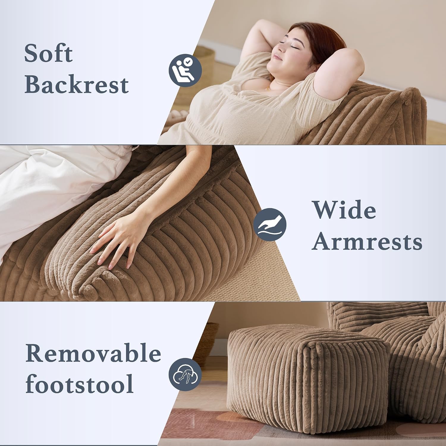 Gericco Oversized Bean Bag Chaise Lounge Chair Indoor for Adults with Armrests & Ottoman - Giant Comfy Khaki Beanbag Floor Sofa Cloud Accent Chair for Reading, Gaming, Cozy Plush Cloud Mini Couch