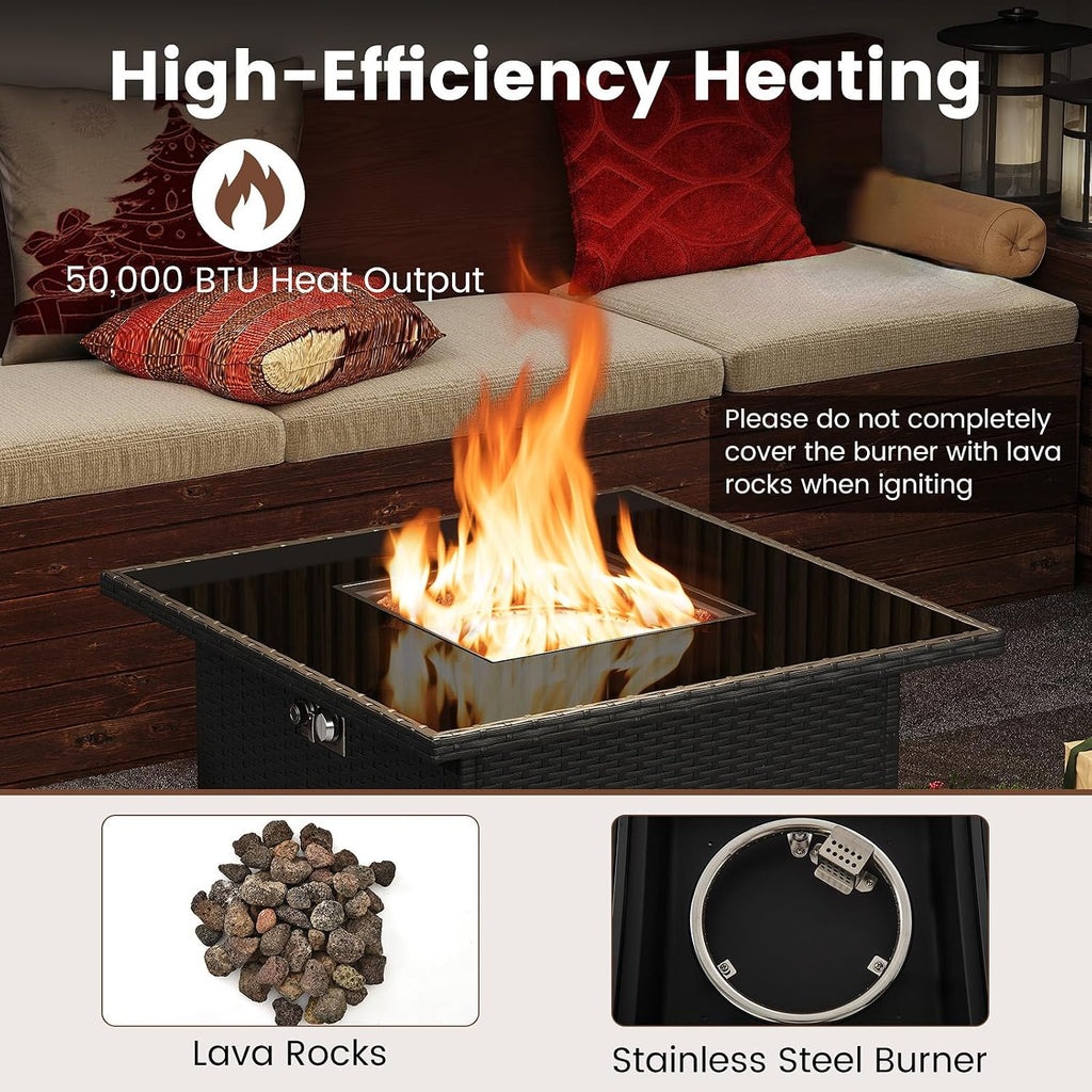 Tangkula 32.5 Inch Propane Fire Pit Table, Outdoor Rattan Gas Firepit with Tempered Glass Tabletop & Stainless Steel Burner, Square Fire Pit with Lava Rocks & Protective Cover for Outside Patio
