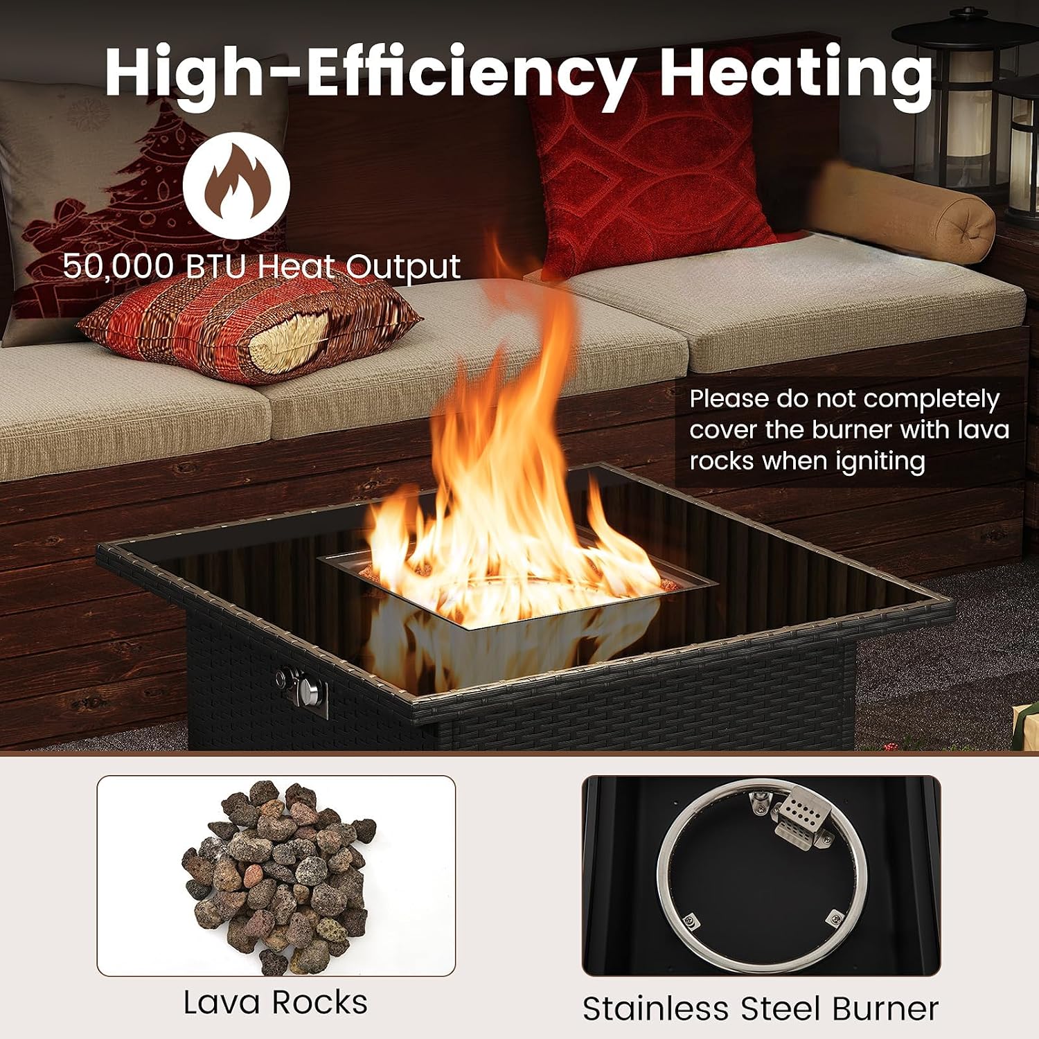 Tangkula 32.5 Inch Propane Fire Pit Table, Outdoor Rattan Gas Firepit with Tempered Glass Tabletop & Stainless Steel Burner, Square Fire Pit with Lava Rocks & Protective Cover for Outside Patio