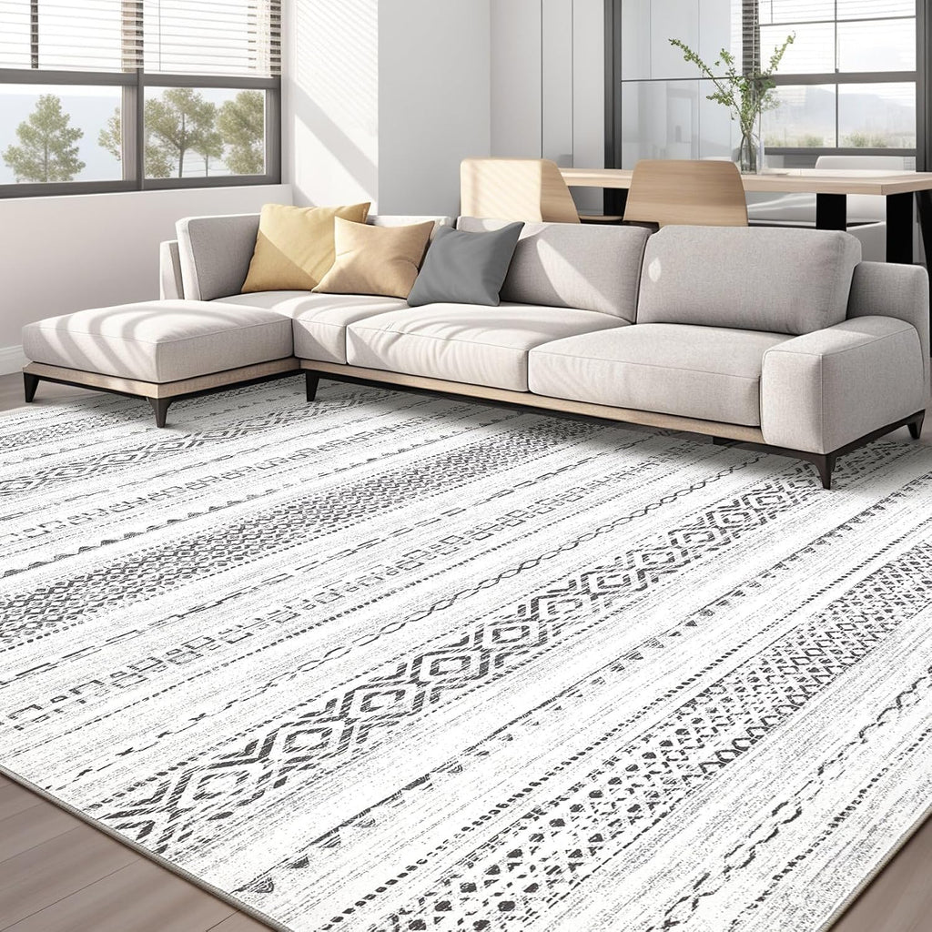 kakania 9x12 Washable Area Rug: Non Slip Soft Thin Carpet, Boho Geometric Modern Decor, Easy Clean Indoor Floor Large Rugs for Living Room Bedroom Kids Dorm Office Dining - Square Grey