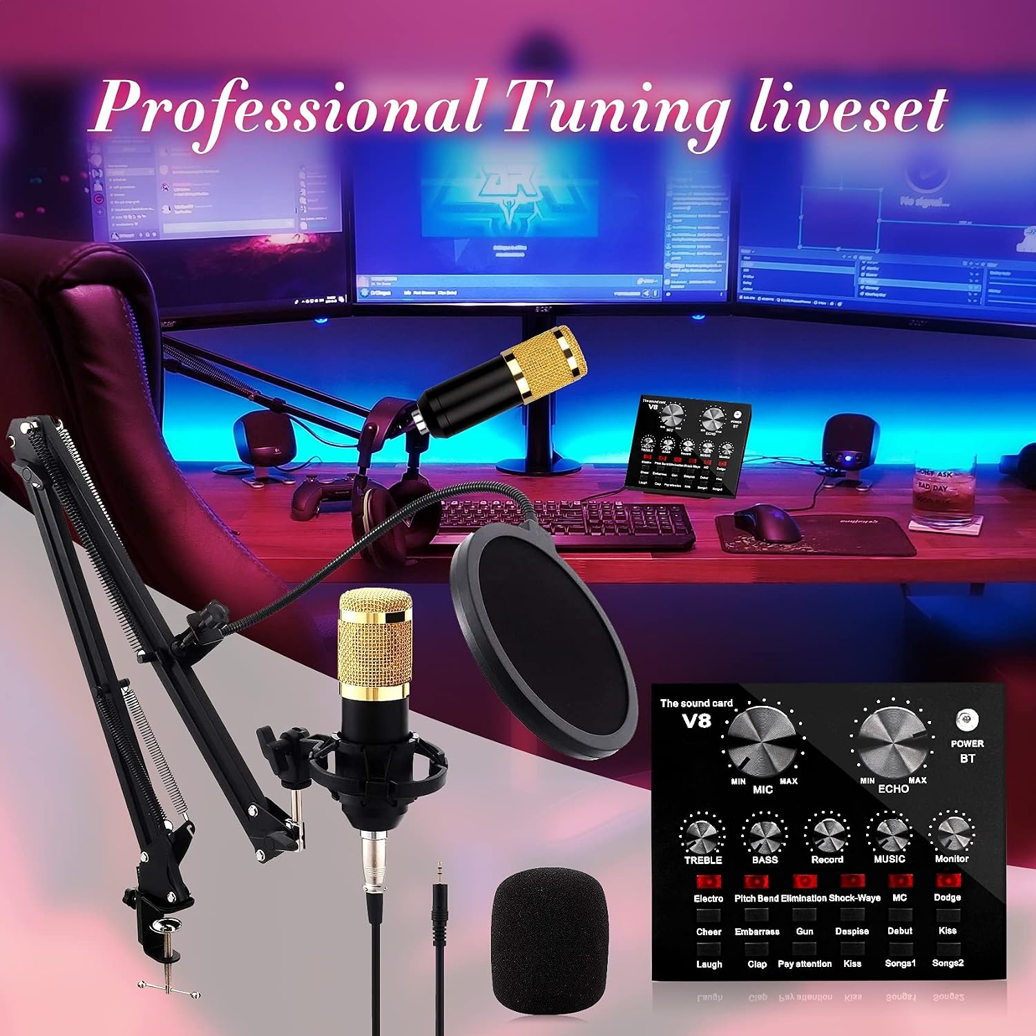 Studio Microphone,Sound Card,Mic Kit,Compatible with PC/Laptop/Tablet/Phone/PS4,Mic for Streaming/Singing/Gaming/Video