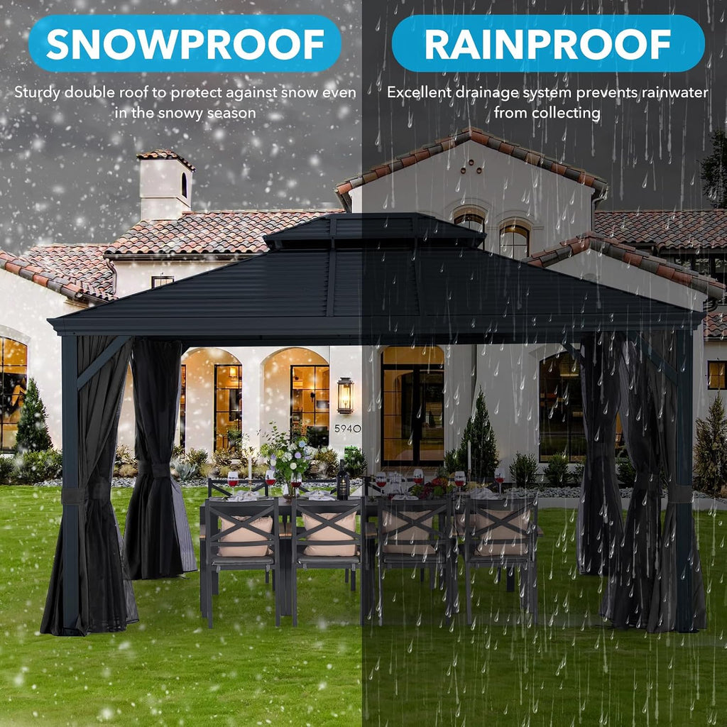 LeDoasis Nova 12' X 14' Hardtop Gazebo, Permanent Aluminum Metal Canopy with Galvanized Steel Double Roof, for Patio Lawn and Garden, Curtains and Netting Included