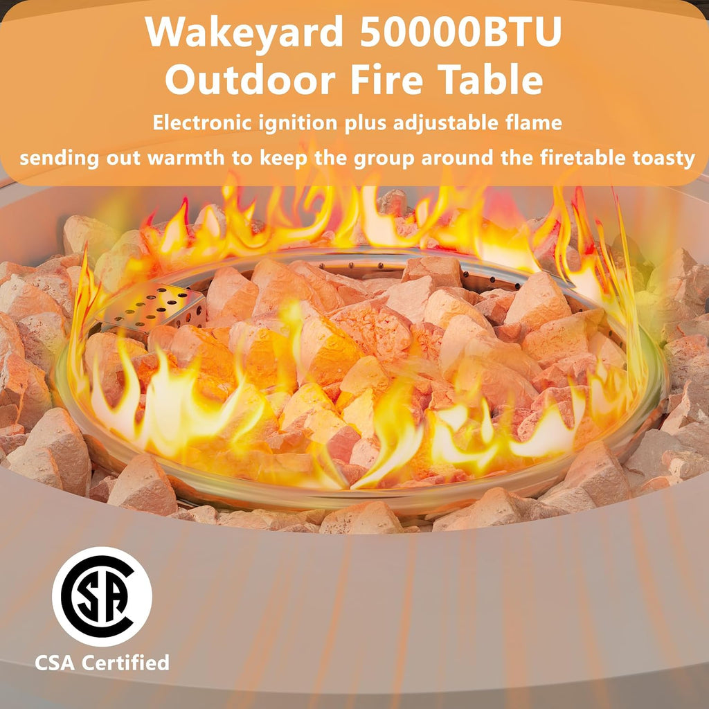 32.5 inch Outdoor Propane Fire Pit Table, 50000 BTU Round Patio Fire Pit Table with Lid, Waterproof Cover, 10ft Gas Hose & Gas Tank Base, Lava Rocks, CSA Certified, Grey