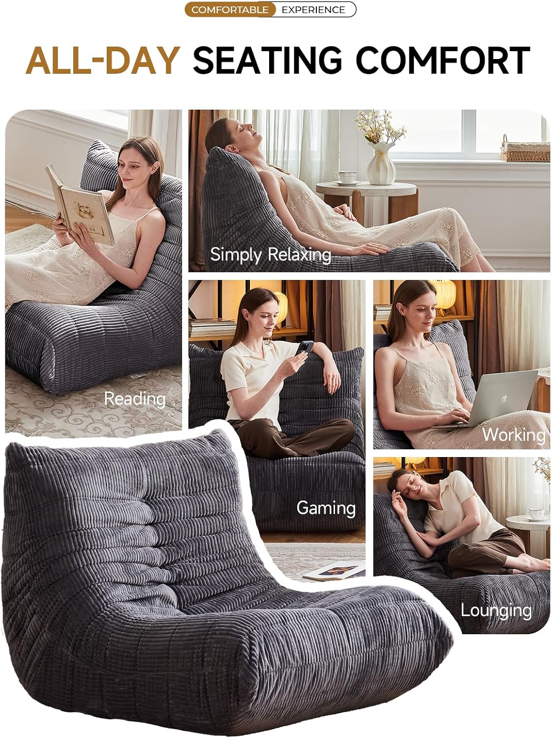 ZCUBED Large Bean Bag Chairs for Adults, Memory Foam Lounge Chair, Soft Corduroy Big Bean Bag Chair Lazy Sofa, Comfy Floor Beanbag Chair Single Sofa for Bedroom Living Room Fireside Book Nook, Grey