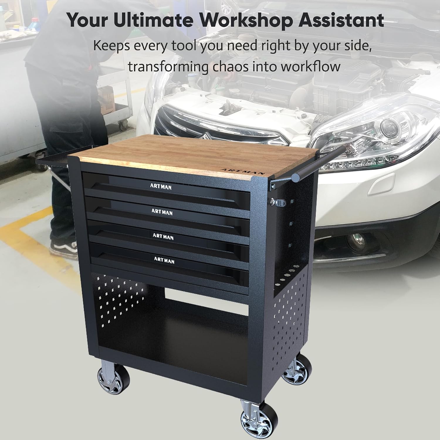 JOYBASE Rolling Tool Chest with 4 Drawers & Wood Top, Heavy Duty Steel Tool Cart on Wheels, Mobile Garage Organizer & Storage Cabinet for Workshop & Mechanic (Black)
