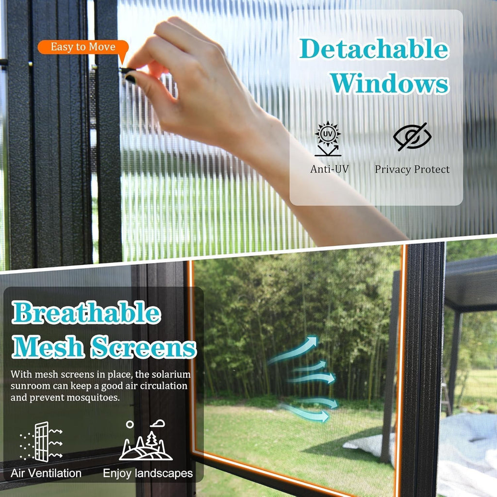 10x14FT Wall-Mounted Sunroom Solarium | Permanent Lean-to Gazebo w/Detachable Polycarbonate Windows & 2 Lockable Sliding Doors - Dark Brown Aluminum for Patio, Deck, Garden