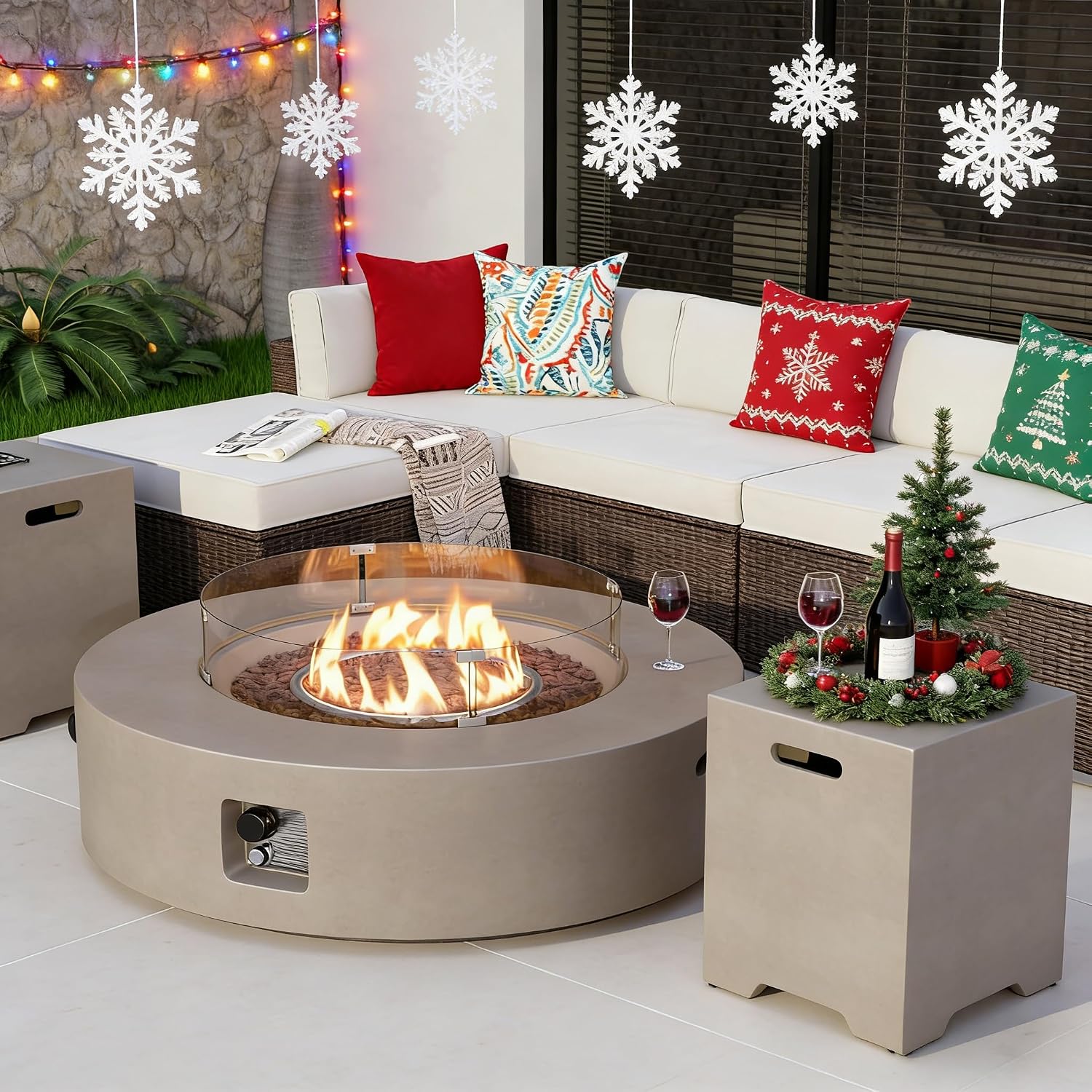 COSIEST 2-Piece Outdoor Propane Firepit Table Set w Tank Table, 42' Fire Table Certified, 50,000 BTU w Gray Round Base,Wind Guard and 16 inches Tank Side Table 20lb for Garden,Pool