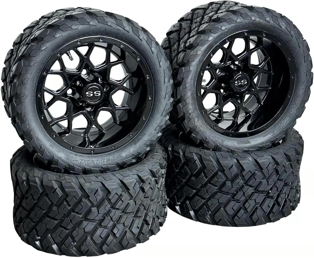 12 Inch Glossy Black Fusion Golf Cart Wheels & Tires Set of 4, 20x10-12 All Terrain Tires/Street Use, DOT Certified Golf Cart Wheels Compatible with EZGO, Club Car, YMH