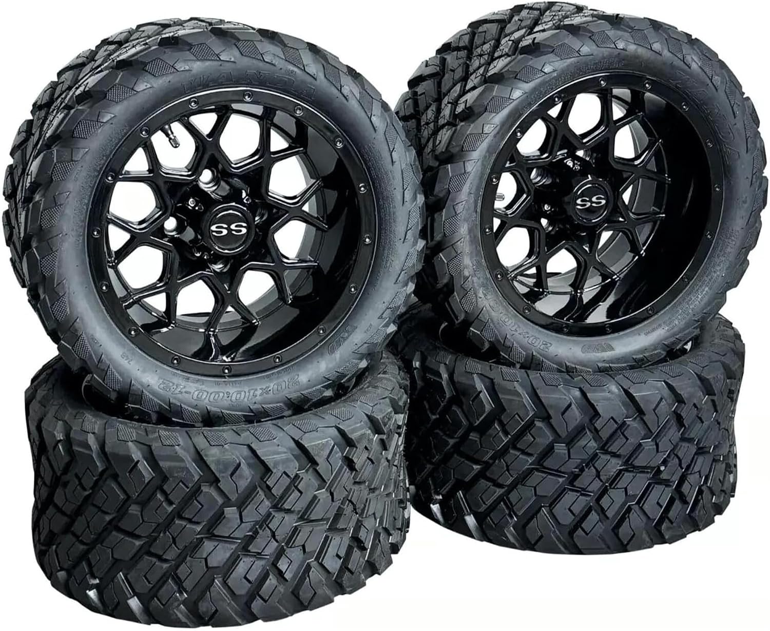 12 Inch Glossy Black Fusion Golf Cart Wheels & Tires Set of 4, 20x10-12 All Terrain Tires/Street Use, DOT Certified Golf Cart Wheels Compatible with EZGO, Club Car, YMH