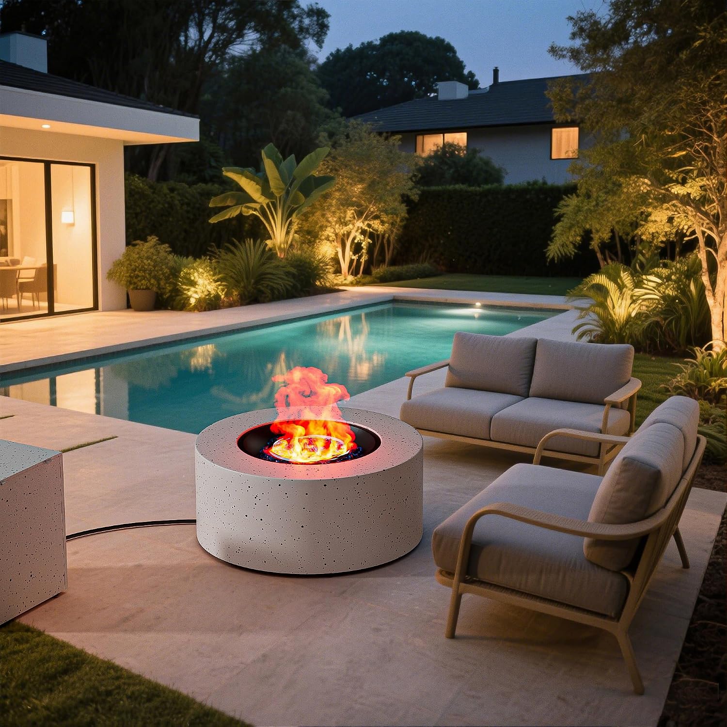 2-Piece 30' Round Propane Fire Pit for Outside Patio with Hidden Tank Table, 50,000 BTU Fireplaces with Lid, Glass Rocks, Cover(Speckled White)