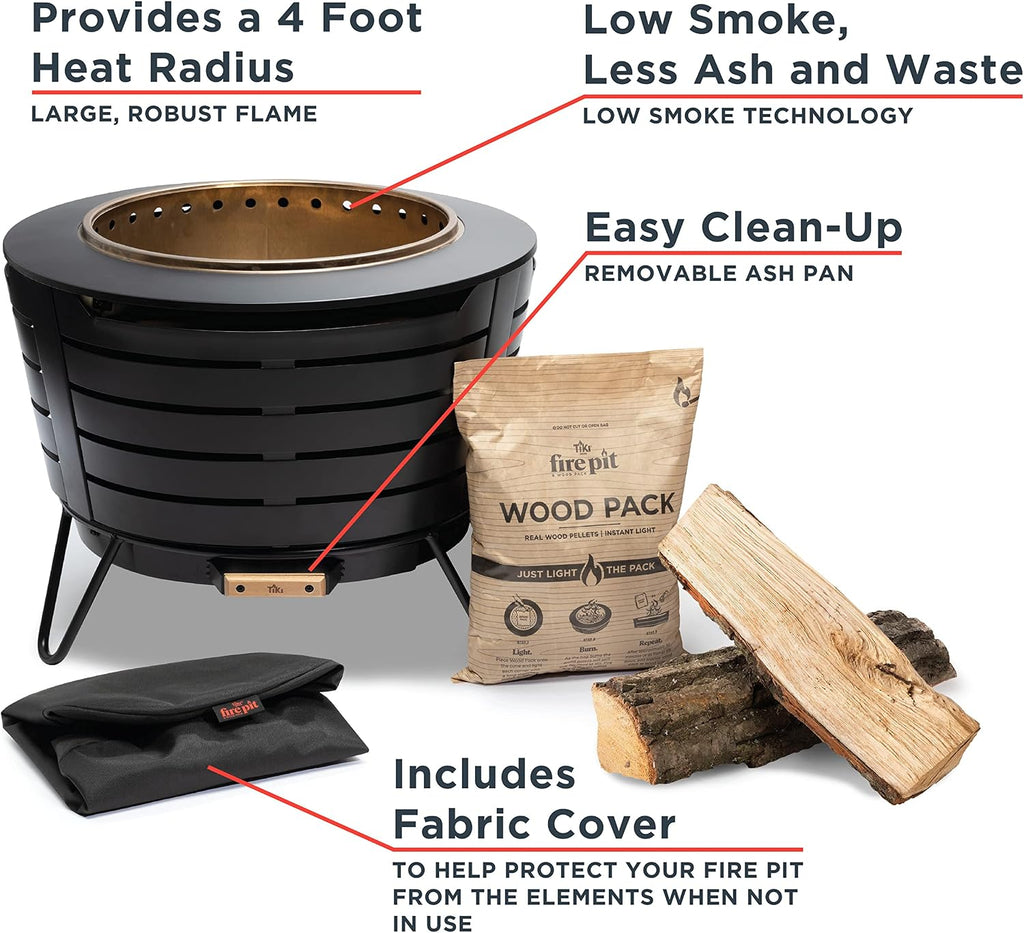 TIKI Patio Smokeless Outdoor Fire Pit, 25-Inch Wood-Burning Bonfire with Removable Ash Pan, Stand, and Weather-Resistant Cover