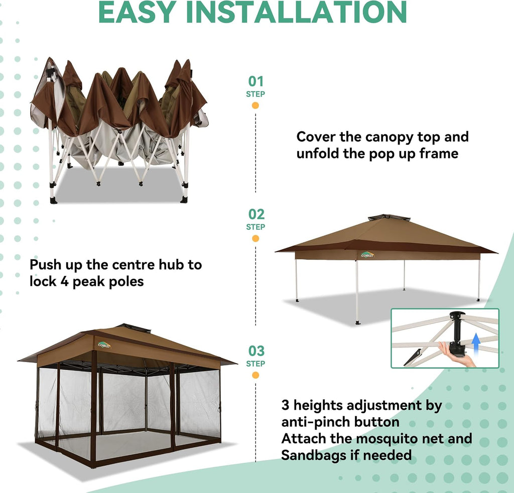 COBIZI 12x12 FT Pop up Gazebo on Clearance Canopy Tent, Carpas para Patio, Easy up Outdoor Canopy Tents with Portable Storage Bag for Backyard, Outdoor Waterproof Gazebos for Garden,Camping, Brown
