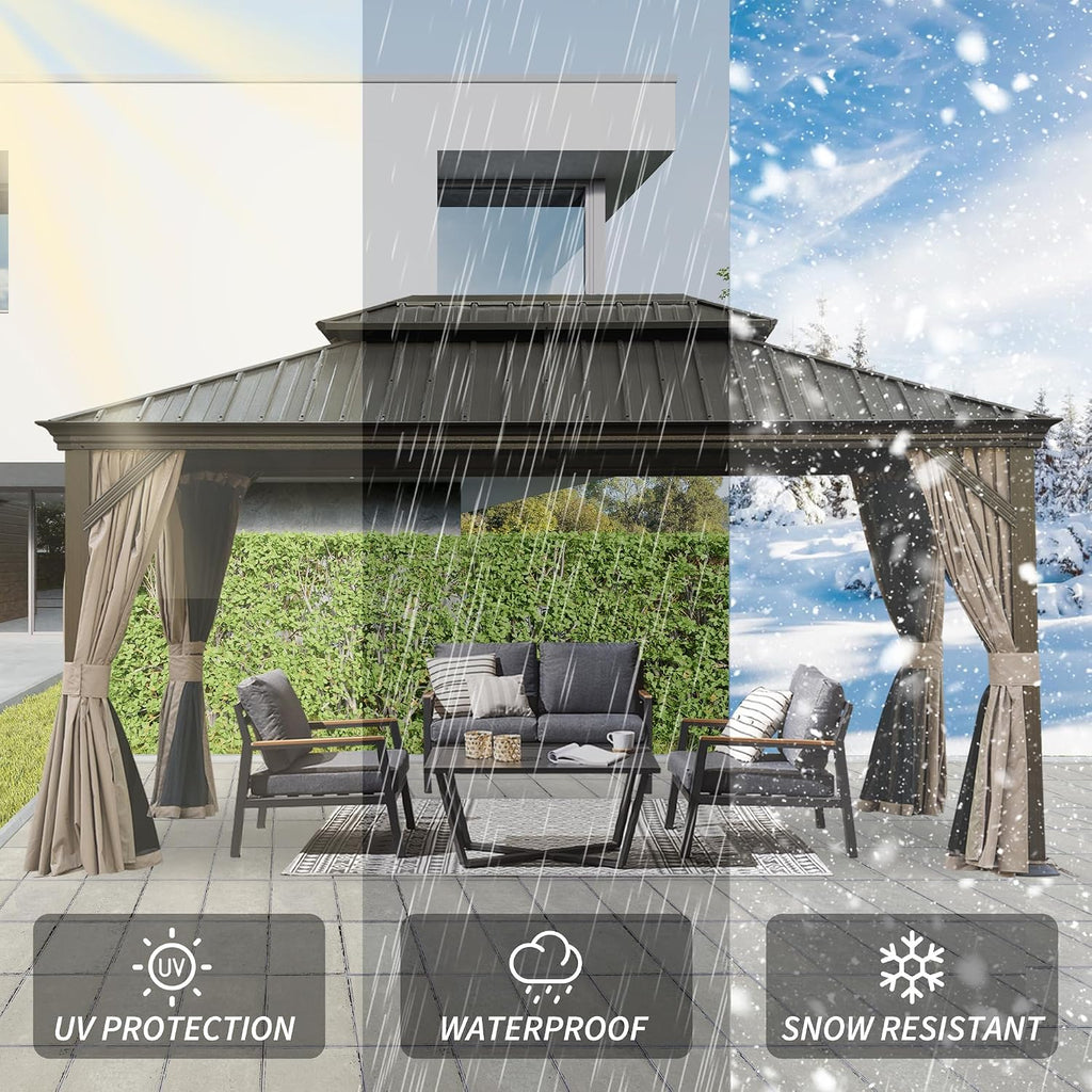 LifeSky 12x16FT Hardtop Gazebo: Metal Outdoor Shelter with Drainage System & Galvanized Steel Roof - Detachable Curtains & Netting for Patio Garden Backyard Use by Vacation Rental Owners