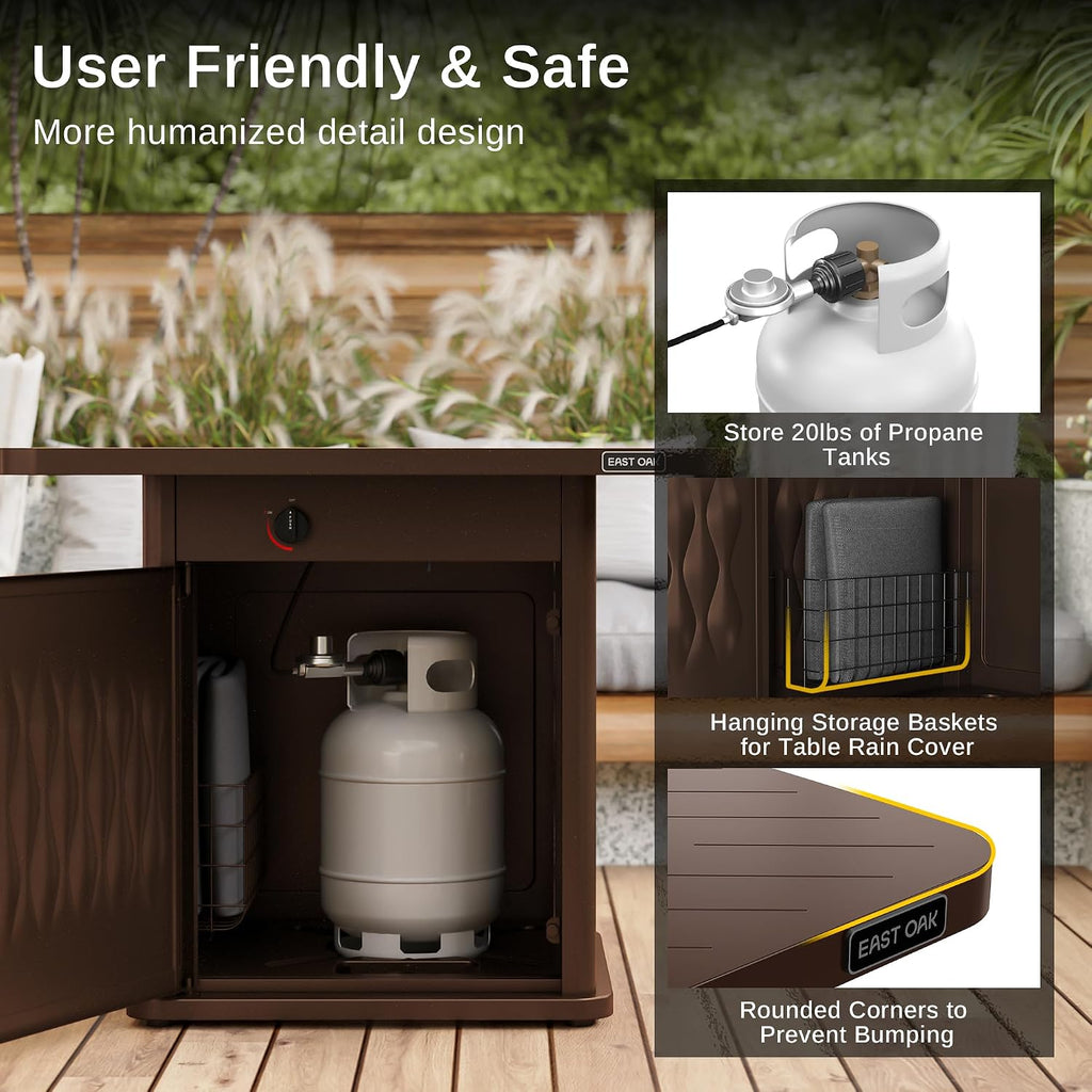 EAST OAK 32'' Propane Fire Pit Table, 50,000 BTU Steel Gas FirePit for Outdoor, Outside Patio Deck and Garden, CSA Certified Fire Table with Magnetic Lid, Cover-Storage Basket and Lava Rock, Brown