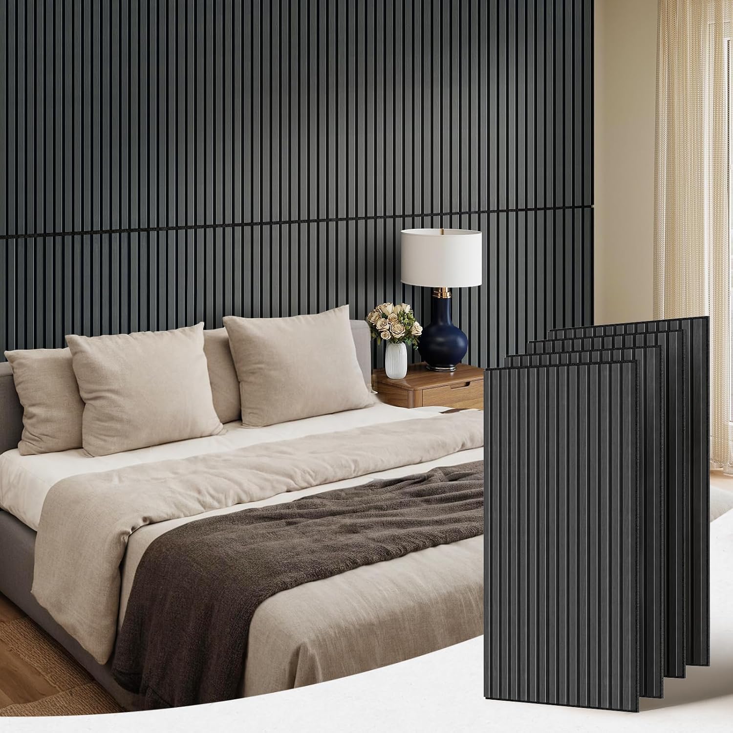 PIWA Acoustic Wall Panels 47' x 24' 4 Pack, Wood Panels for Wall Sound Dampening Slat Paneling with MDF Surface and Sound-Absorbing Core for Interior Decor, Home, Office and Gaming Room (Matte Black)