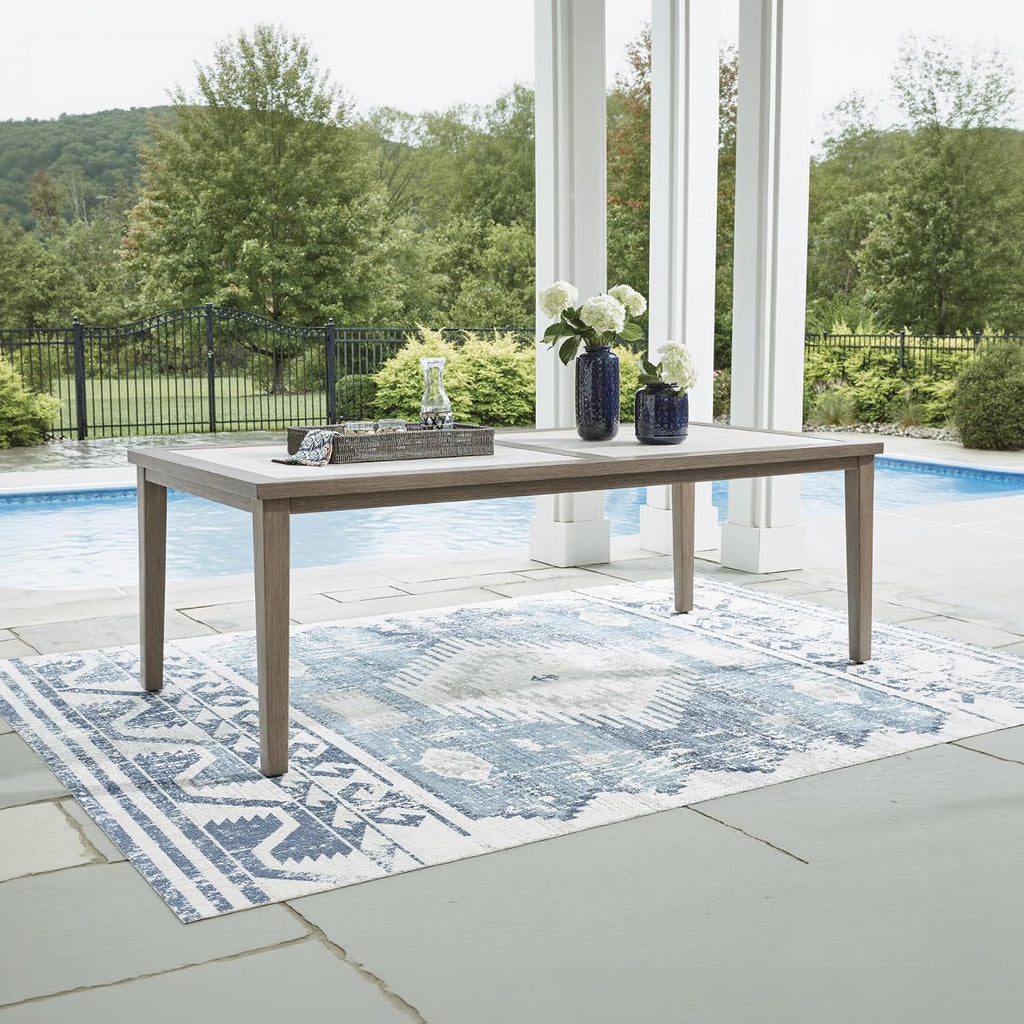 Signature Design by Ashley Rainier Ranch Contemporary Sintered Stone Tabletop Outdoor Dining Table with 4 Legs, Light Brown & Beige