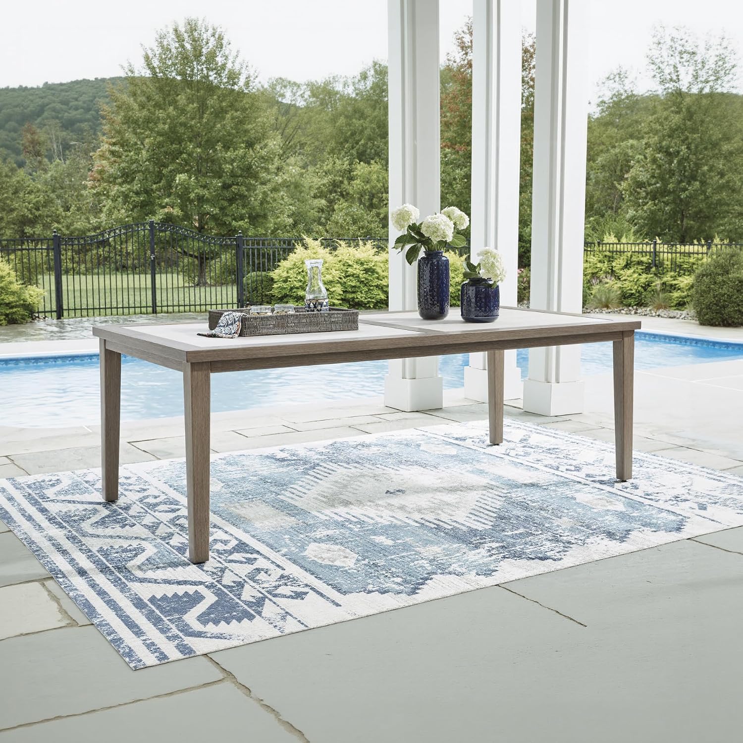 Signature Design by Ashley Rainier Ranch Contemporary Sintered Stone Tabletop Outdoor Dining Table with 4 Legs, Light Brown & Beige