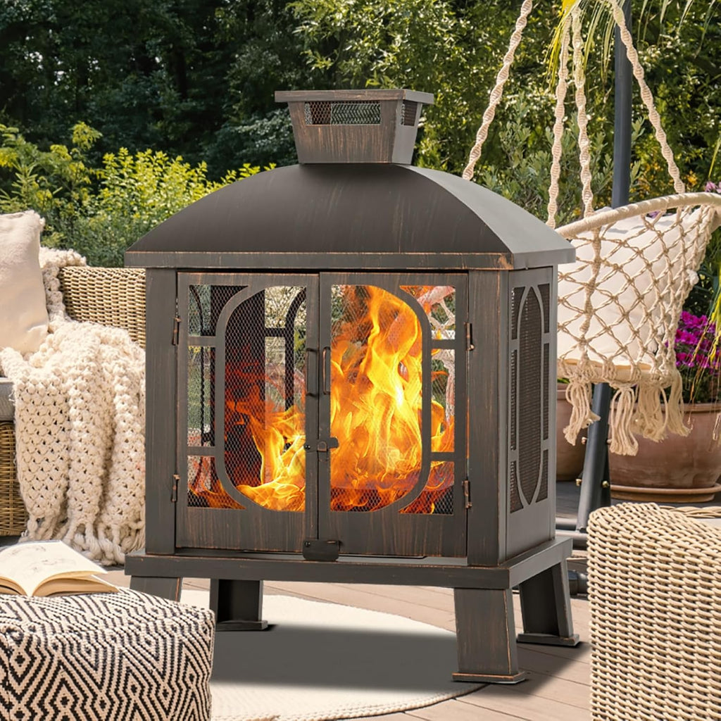 Panovue 45' H×31''W Metal Chiminea Fire Pit with Grill, Wood Burning Fire Pits for Outside,Square Chimineas Fireplace with Mesh Spark Screen Door& Fire Poker for Garden,Yard,BBQ,Bonfire (Black&Gold)