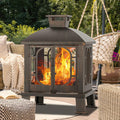 Panovue 45' H×31''W Metal Chiminea Fire Pit with Grill, Wood Burning Fire Pits for Outside,Square Chimineas Fireplace with Mesh Spark Screen Door& Fire Poker for Garden,Yard,BBQ,Bonfire (Black&Gold)
