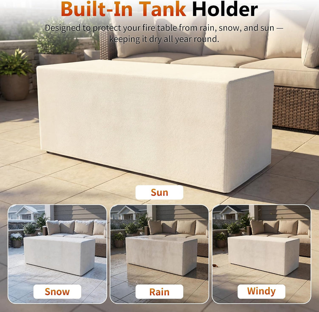 51' Propane Fire Pit Table, 50,000 BTU Outdoor Gas Fire Pit with Glass Wind Guard, Side Open Tank Storage, Wood Grain Patio Heater with Lid & Cover, Blue Fire Glass, Gray