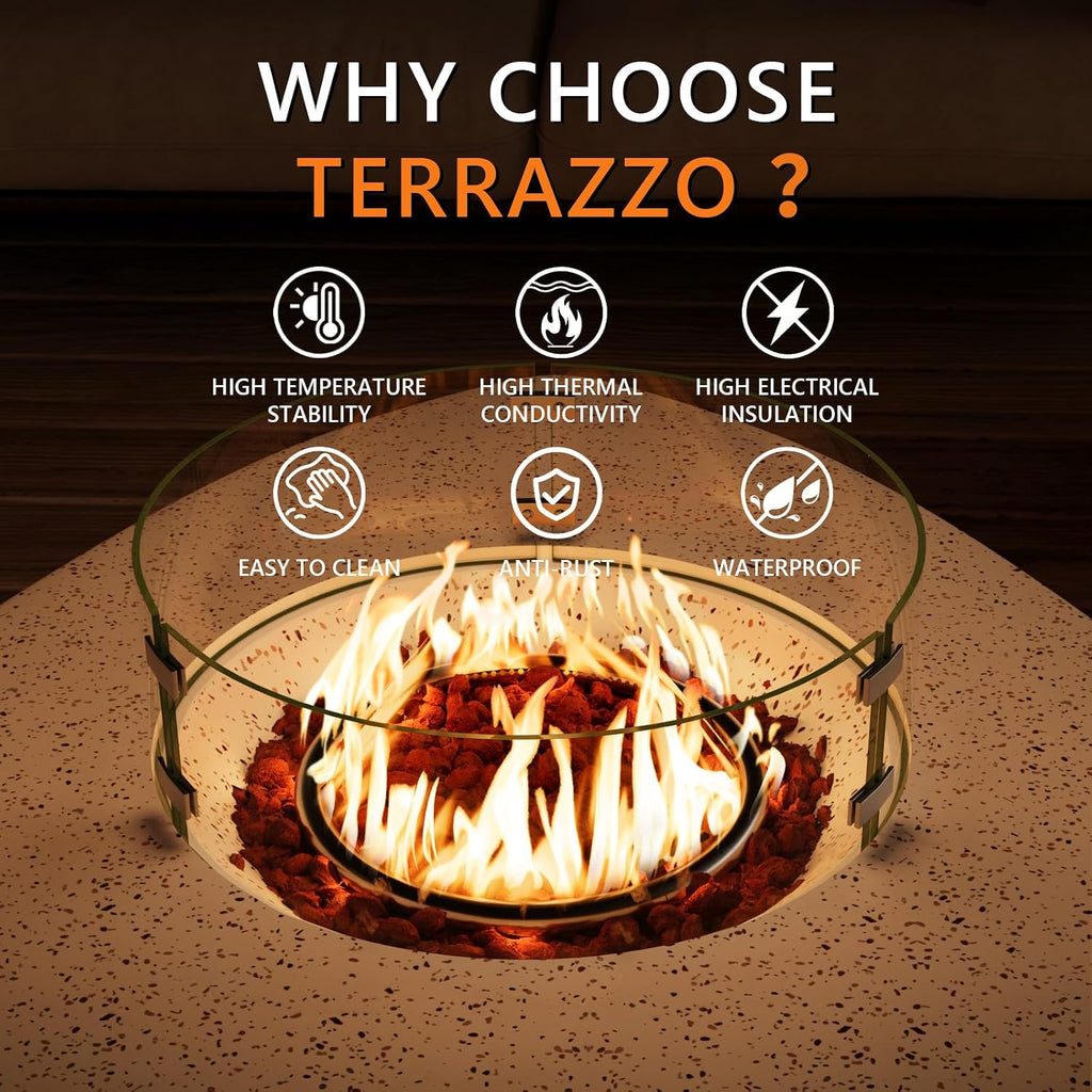 COSIEST Outdoor Propane Fire Pit Table, 24-Inch Terrazzo White Round Fire Pit Table with 16-Inch Tank Lid, 40,000 BTUs Comes with Lava Rock and Rain Cover