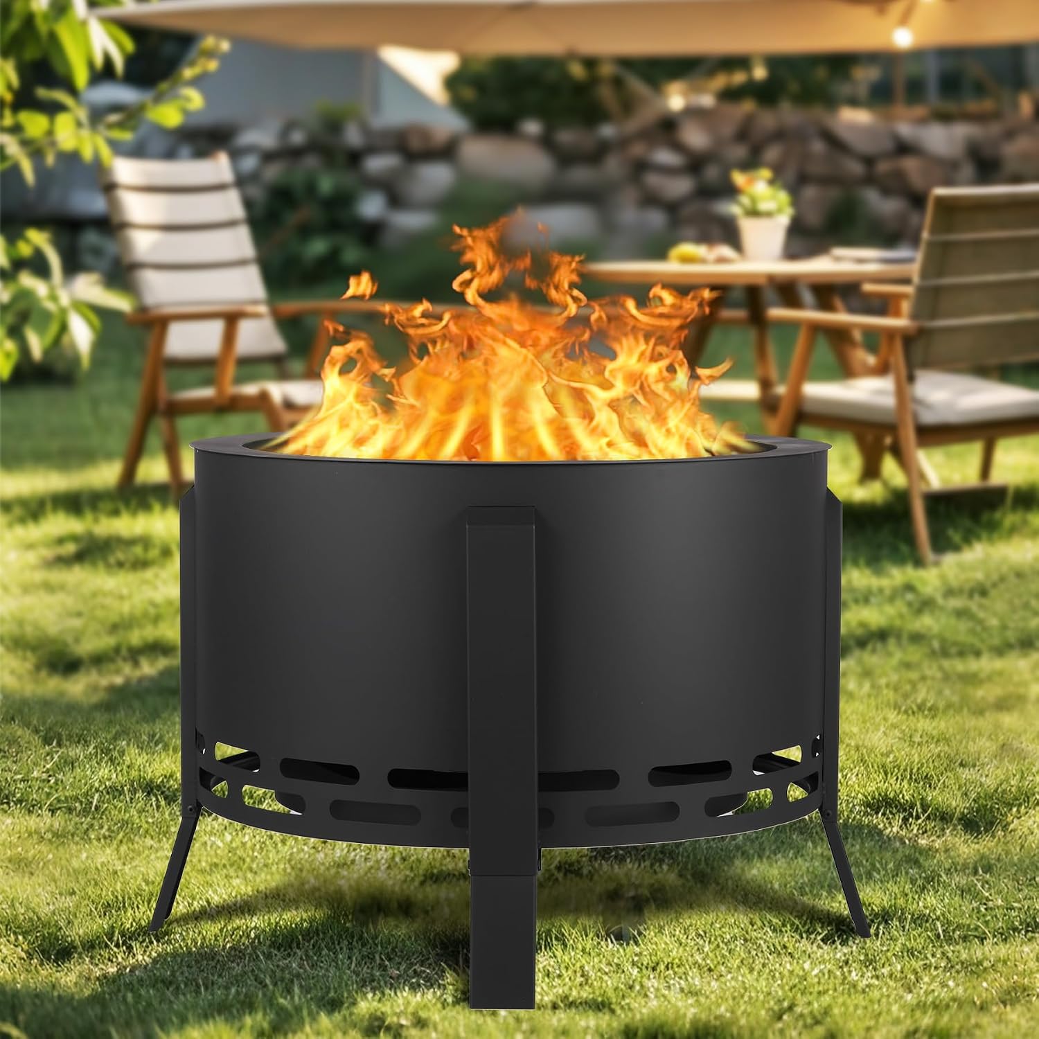 Garvee 26 in Smokeless Fire Pit with Ash Tray Base, Smokeless Outdoor Fire Pits with Adjustable Foot&Fire Poker,Firepit with Dust Bag, Outdoor Firepits for BBQ, Bonfire, Camping