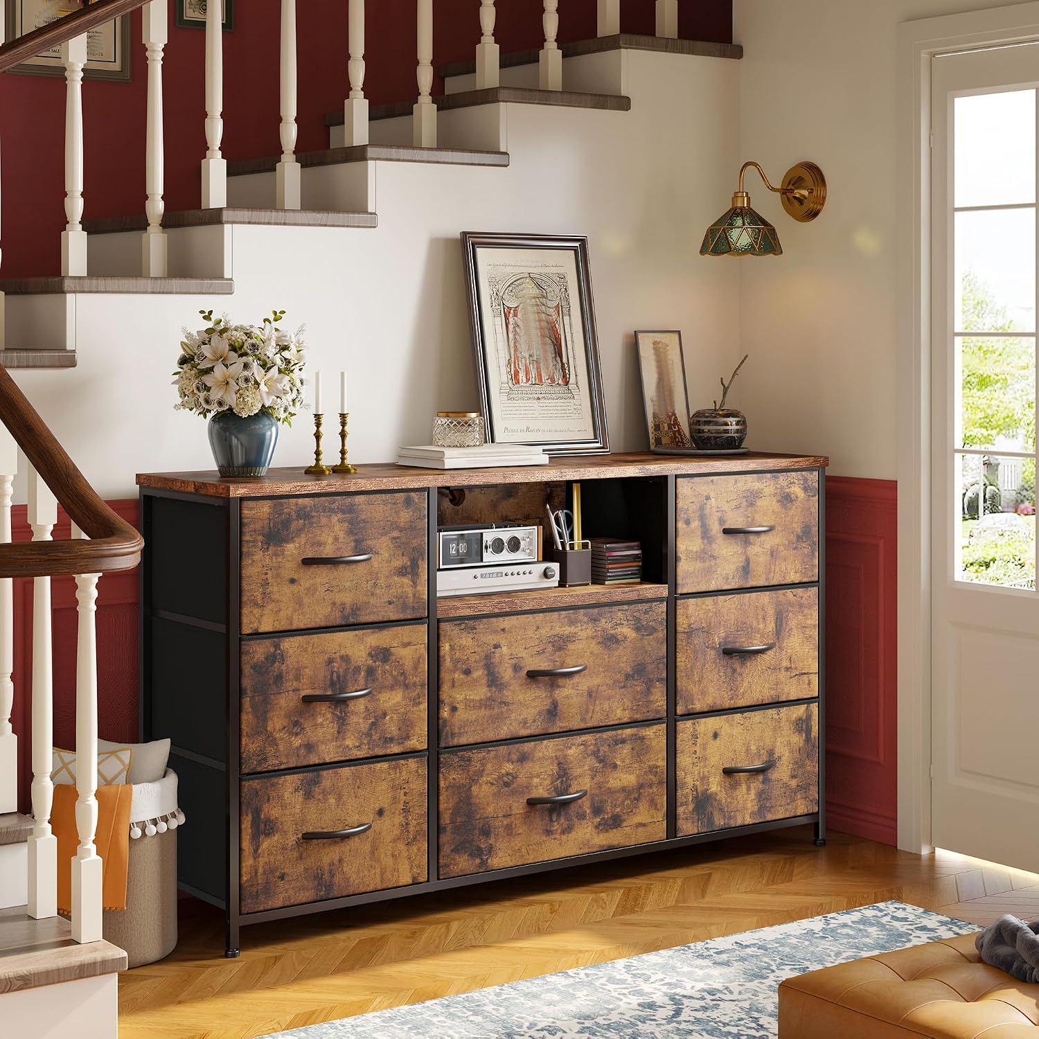 Dresser for Bedroom with Charging Station, 8 Drawers Dressers & Chests of Drawers for 50 55 inch TV, Dresser TV Stand for Bedroom, Fabric Dresser with Open Shelves for Living Room Hallway, Brown