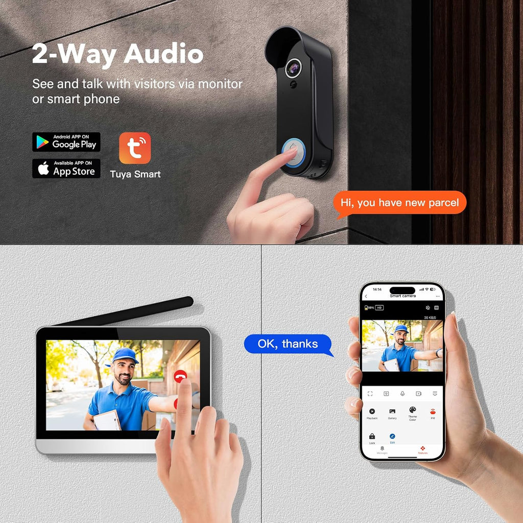 Wireless Doorbell Camera with Monitor Video Door Phone Intercom System 1080P 7'' Touch Screen Two-Way Audio Smart Door Bell with Night Vision, Motion Detection, No Monthly Fees, Tuya APP