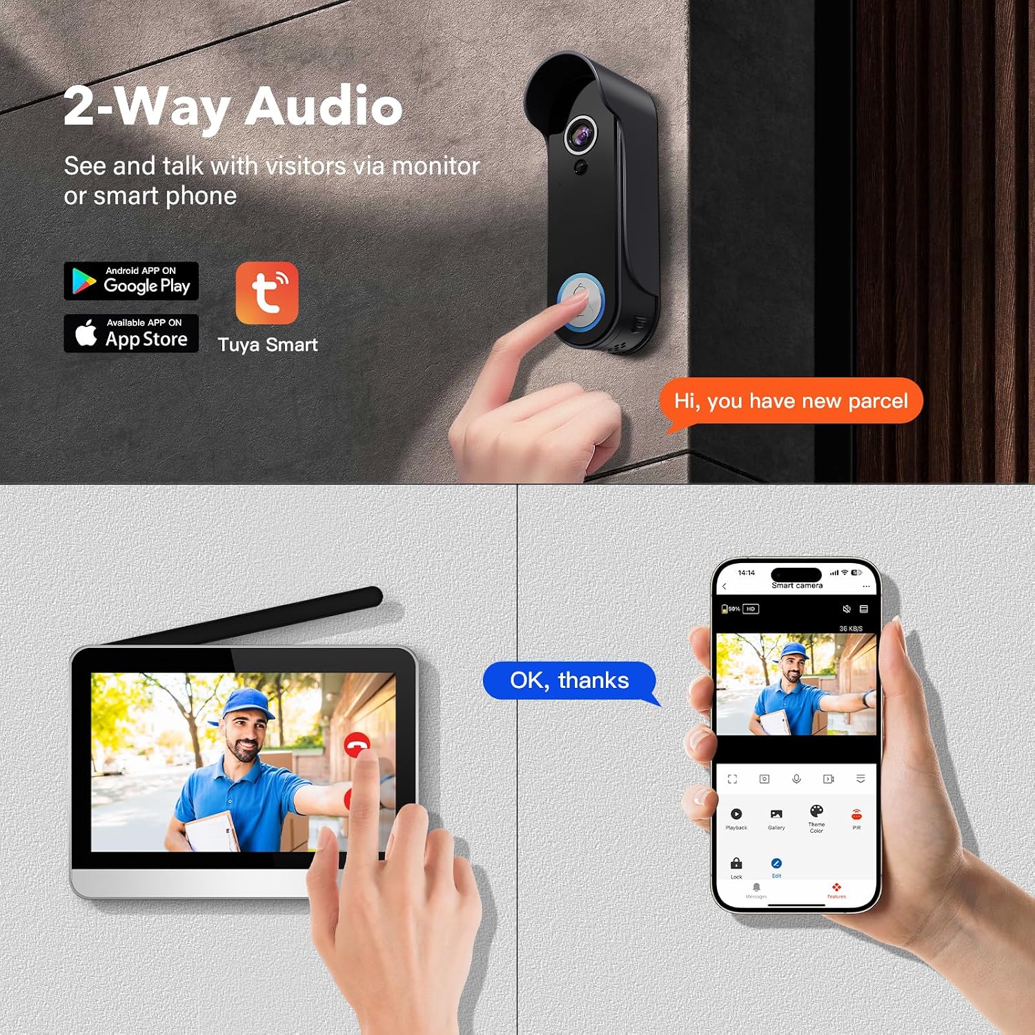 Wireless Doorbell Camera with Monitor Video Door Phone Intercom System 1080P 7'' Touch Screen Two-Way Audio Smart Door Bell with Night Vision, Motion Detection, No Monthly Fees, Tuya APP