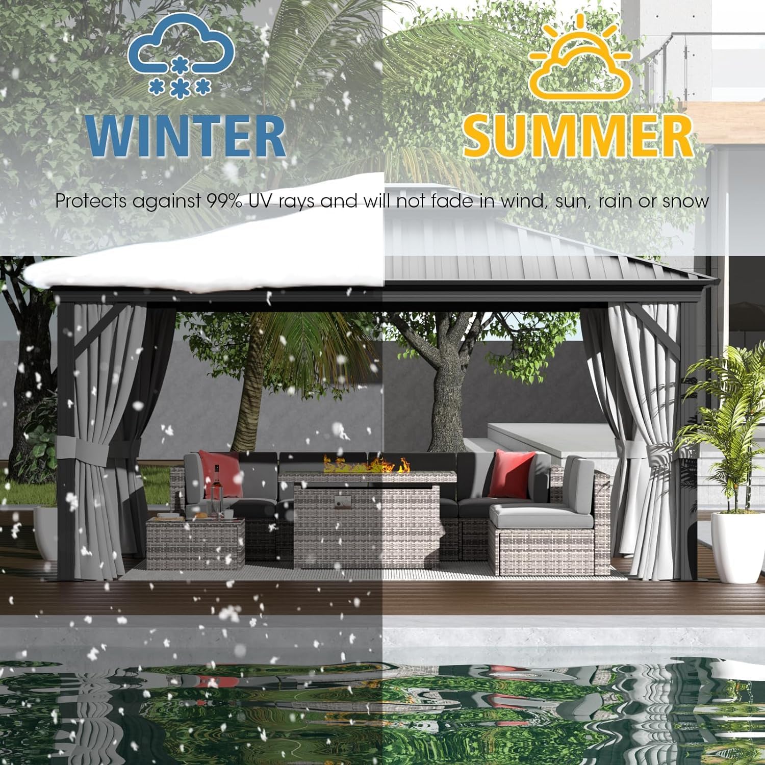 oneinmil Hardtop Gazebo 12FT X 16FT, Outdoor Pergolas with Mosquito Netting and Curtains, Galvanized Steel Double Roof Permanent Aluminum Gazebo, for Gardens, Decks, Patios, Parties