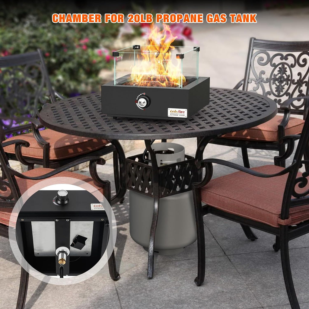 Portable Propane Gas Fire Pit Bottom-Mounted for Table with Umbrella Hole, Tabletop Smokeless Firepit with Wind Guard for Patio Camping RV Tailgating, 23000BTU, Square FP041