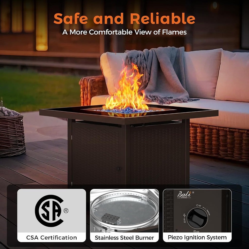 BALI OUTDOORS 32 inch Glass Tabletop Propane Fire Pit Outdoor, 50,000 BTU Propane Fire Pit Table Square, Gas Firepits for Outside Patio, Garden, Brown