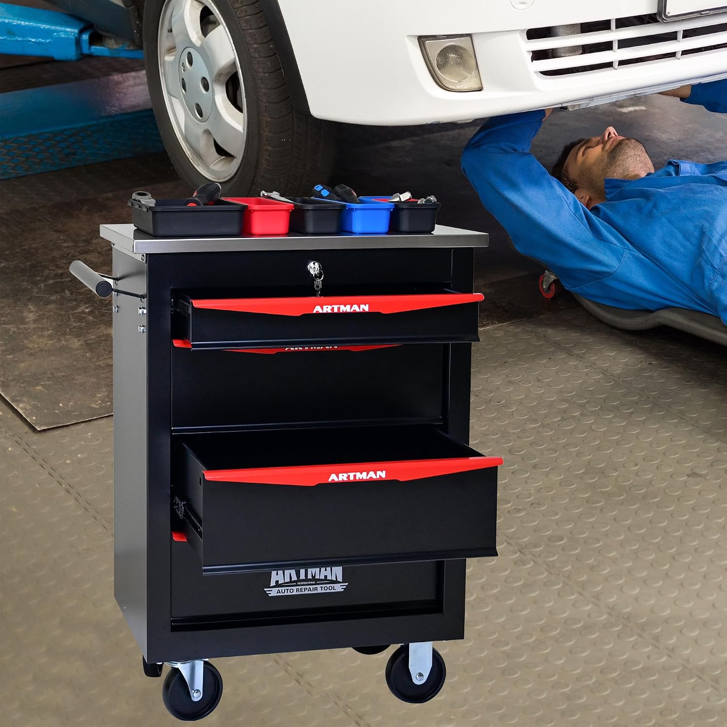 4 Drawers Tool Cart on Wheels with Stainless Steel Worktop, Heavy Duty Mobile Rolling Drawer Tool Chest with Locking Wheels & Lockable Drawers, Garage Tool Storage Cabinet (Black, 4 Drawers)