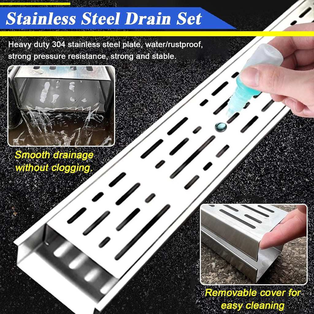 LZMZMQ 2 in. X 6.5 ft. Slim Channel Drain Kit, Balcony/Patio/Gazebo/Pool/Deck Low Profile Drainage Trench System Splicable, Garden Narrow Long Sewer Gutter Drain Pipe with Cover(Black,Set of 1)