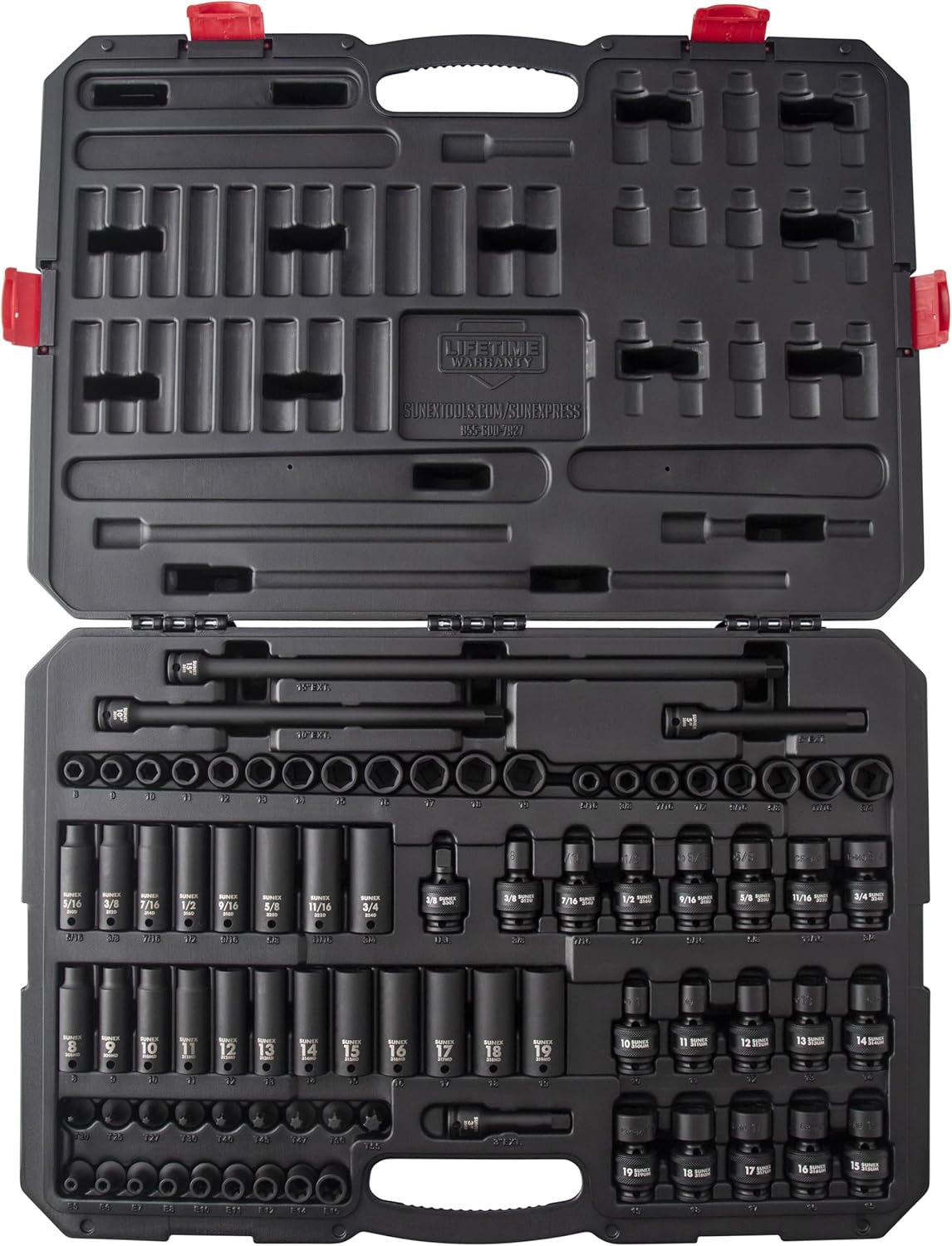 SUNEX Tools 80 Piece 3/8 in. Drive Master Impact Socket Set, Universal, Star, External Star, Extensions, Universal Joint, SAE and Metric, 8mm to 19mm and 5/16 in. to 3/4 in., CR-MO Steel, Model 3580