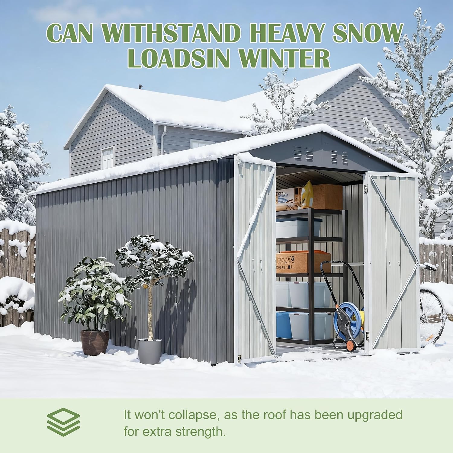 8x12 FT Outdoor Metal Storage Shed with Heavy-Duty Aluminum Frame, Lockable Double Doors, Weather-Resistant Roof and Vents, Large Garden Tool Shed for Backyard, Patio and Lawn – Grey