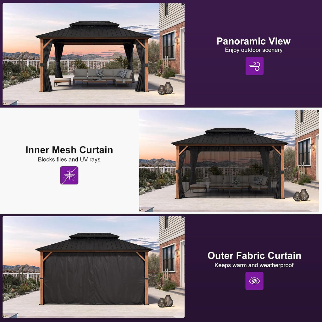 PURPLE LEAF 10' X 14' Hardtop Gazebo Outdoor Wood Grain Aluminum Frame Galvanized Steel Double Roof Gazebos with Lights for Patio Deck Backyard Garden