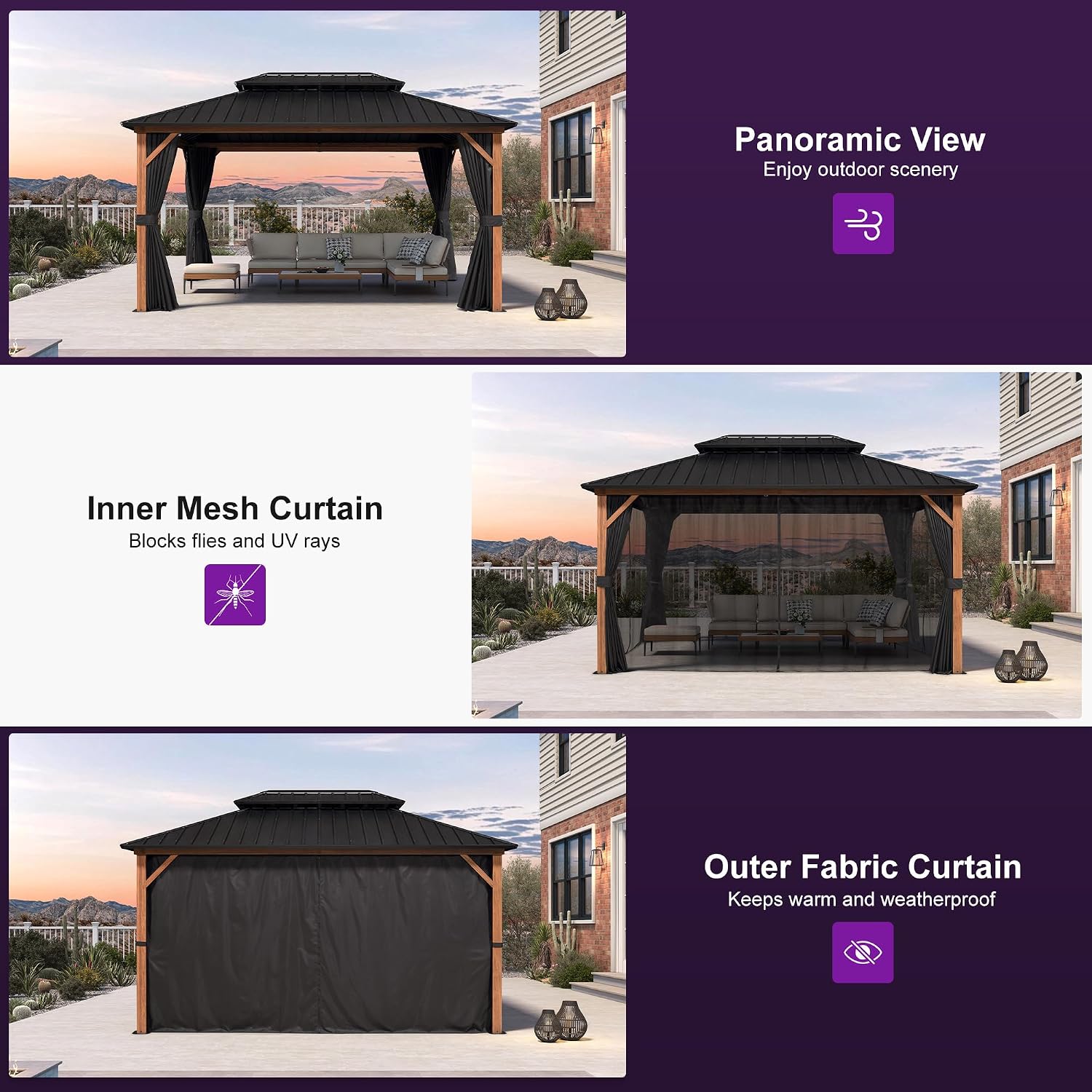 PURPLE LEAF 10' X 14' Hardtop Gazebo Outdoor Wood Grain Aluminum Frame Galvanized Steel Double Roof Gazebos with Lights for Patio Deck Backyard Garden