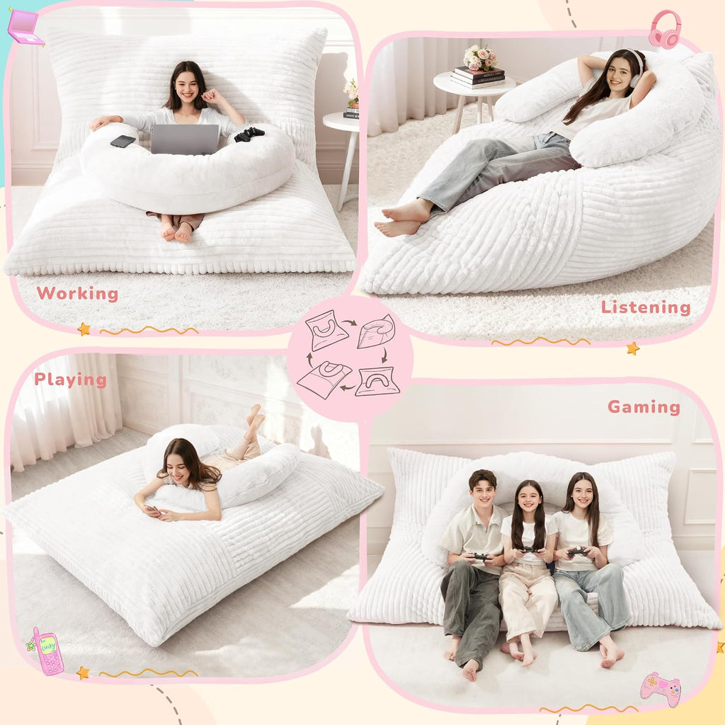 Homguava Giant Bean Bag Chair for Adults with Pillow, 4 in 1 Convertible Floor Cushion for Adluts, Memory Foamed Bean Bag Lounger with Washable Cover for Living Room, Bedroom
