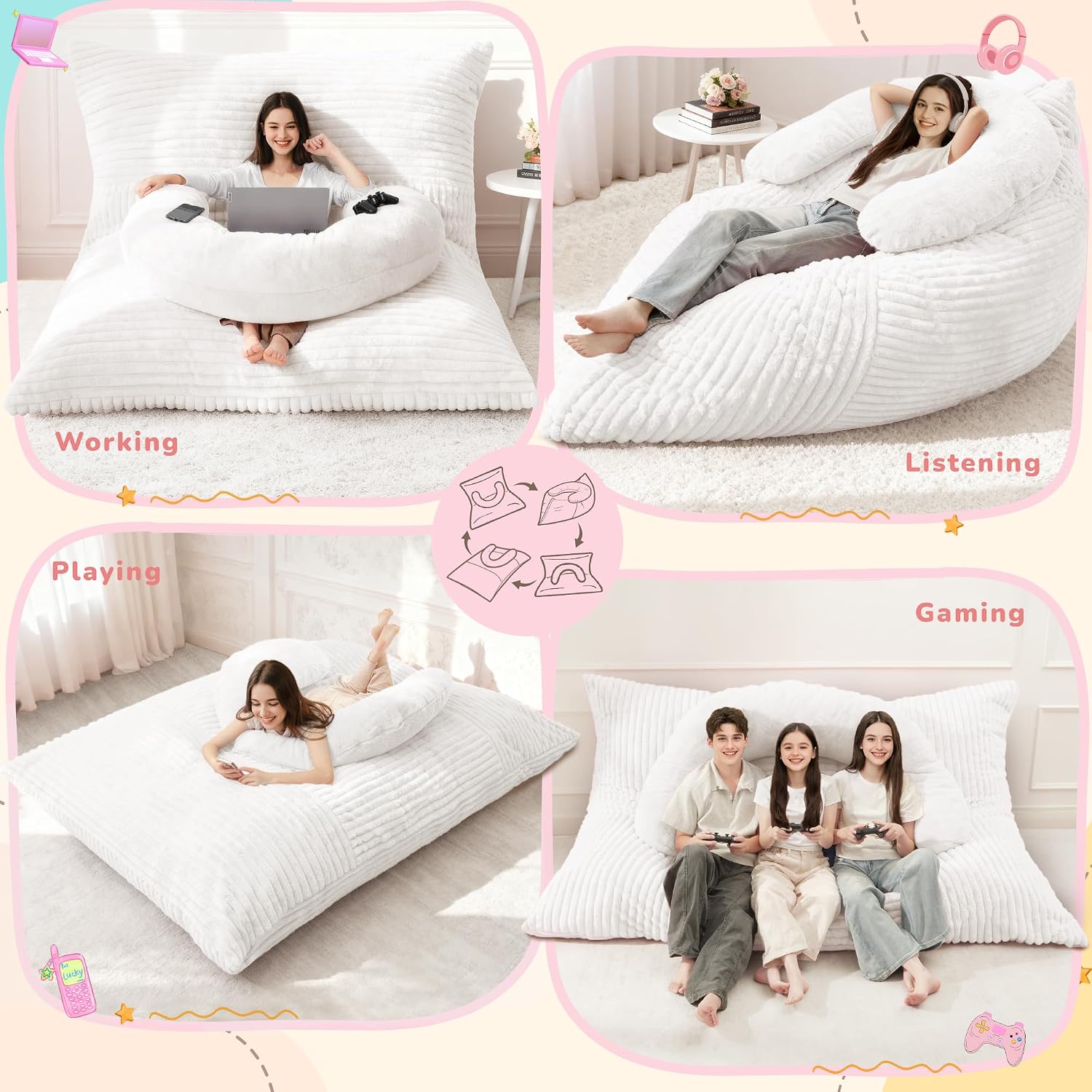 Homguava Giant Bean Bag Chair for Adults with Pillow, 4 in 1 Convertible Floor Cushion for Adluts, Memory Foamed Bean Bag Lounger with Washable Cover for Living Room, Bedroom