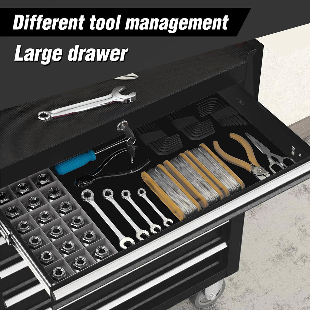 Rolling Tool Chest Cart with 7 Drawers,Storage Tool Cabinet on 4 Wheels. Lockable Tool Cart with Drawer Liners.Steel Tool Box Organizer for Garage,Repair Workshop-Black Plus