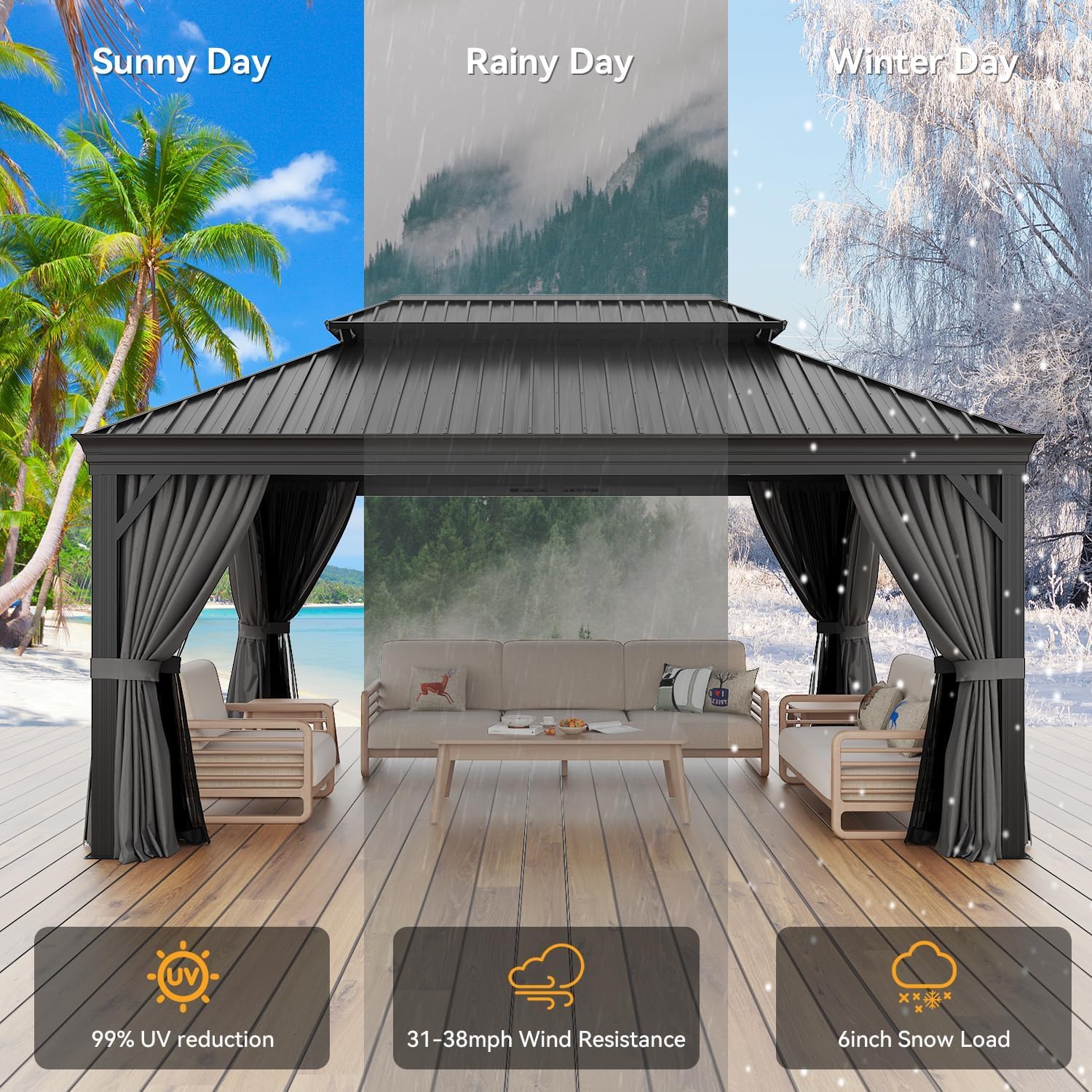 Hardtop,12x16 Gazebo with Gray Mosquite Netting, Hardtop Gazebo with Galvanized Steel Roof for Gardens, Deck, Lawns