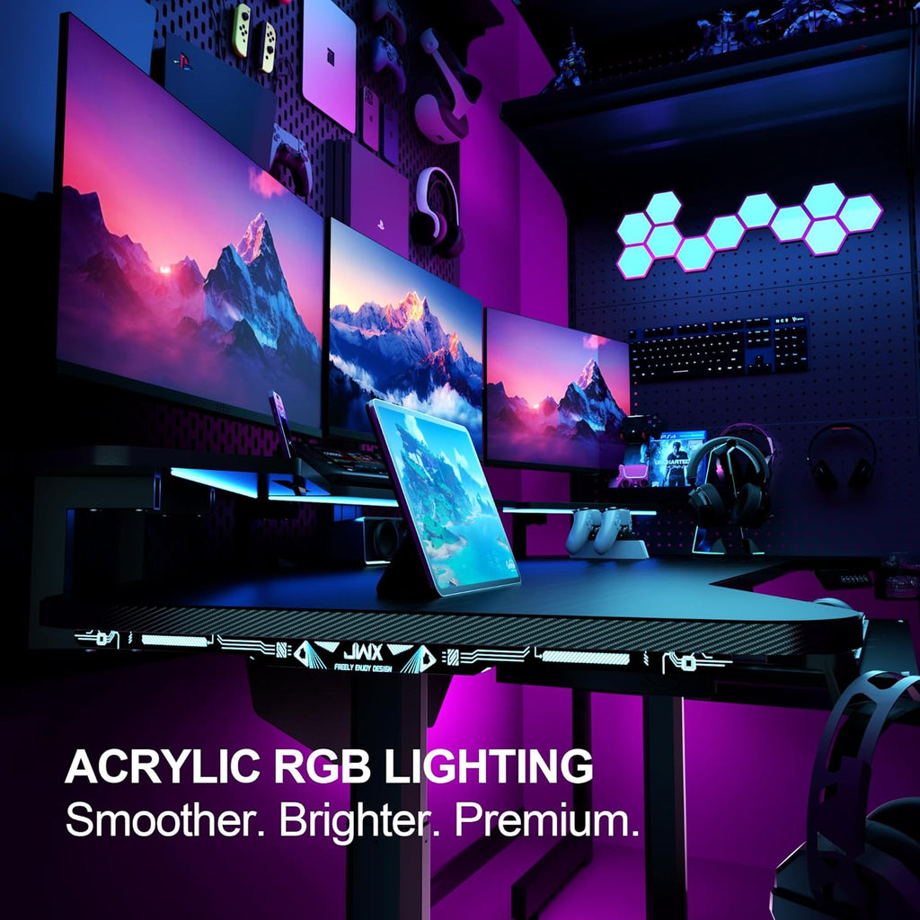 JWX 72' Height Adjustable Gaming Desk, 3-Zone Creator Workstation with Acrylic RGB Lighting, Keyboard Tray & Full Desk Mouse Pad, Dual Motor Sit Stand Desk for Streaming, Studio & Home Office
