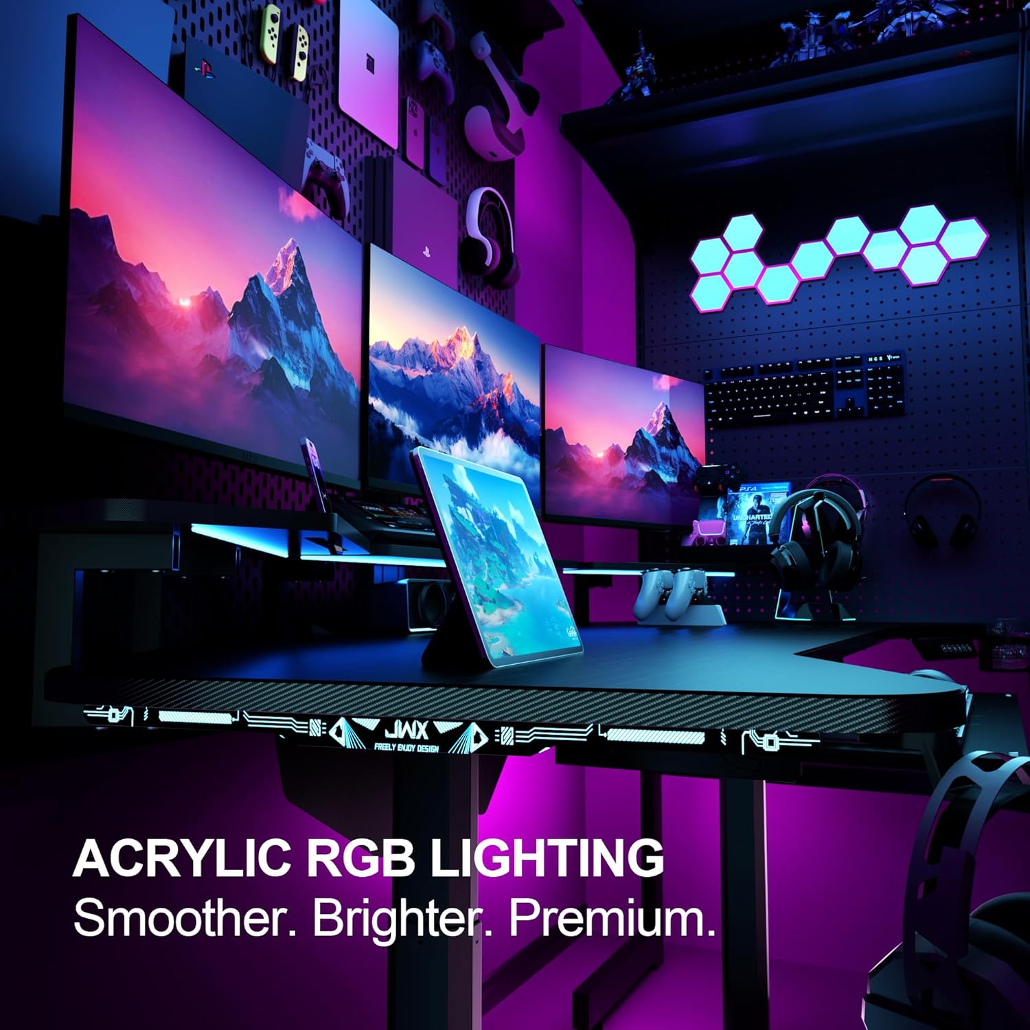 JWX 72' Height Adjustable Gaming Desk, 3-Zone Creator Workstation with Acrylic RGB Lighting, Keyboard Tray & Full Desk Mouse Pad, Dual Motor Sit Stand Desk for Streaming, Studio & Home Office