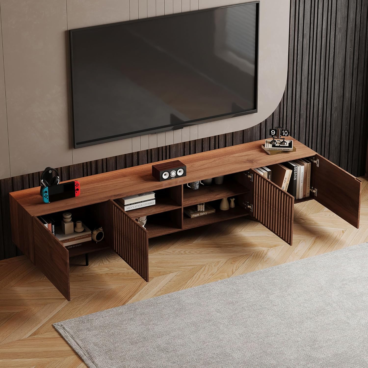 94.48' Mid-Century Modern TV Stand, Walnut Media Console with 4 Storage Cabinets, Entertainment Center for TVs up to 100 Inches, Ideal for Living Room or Bedroom
