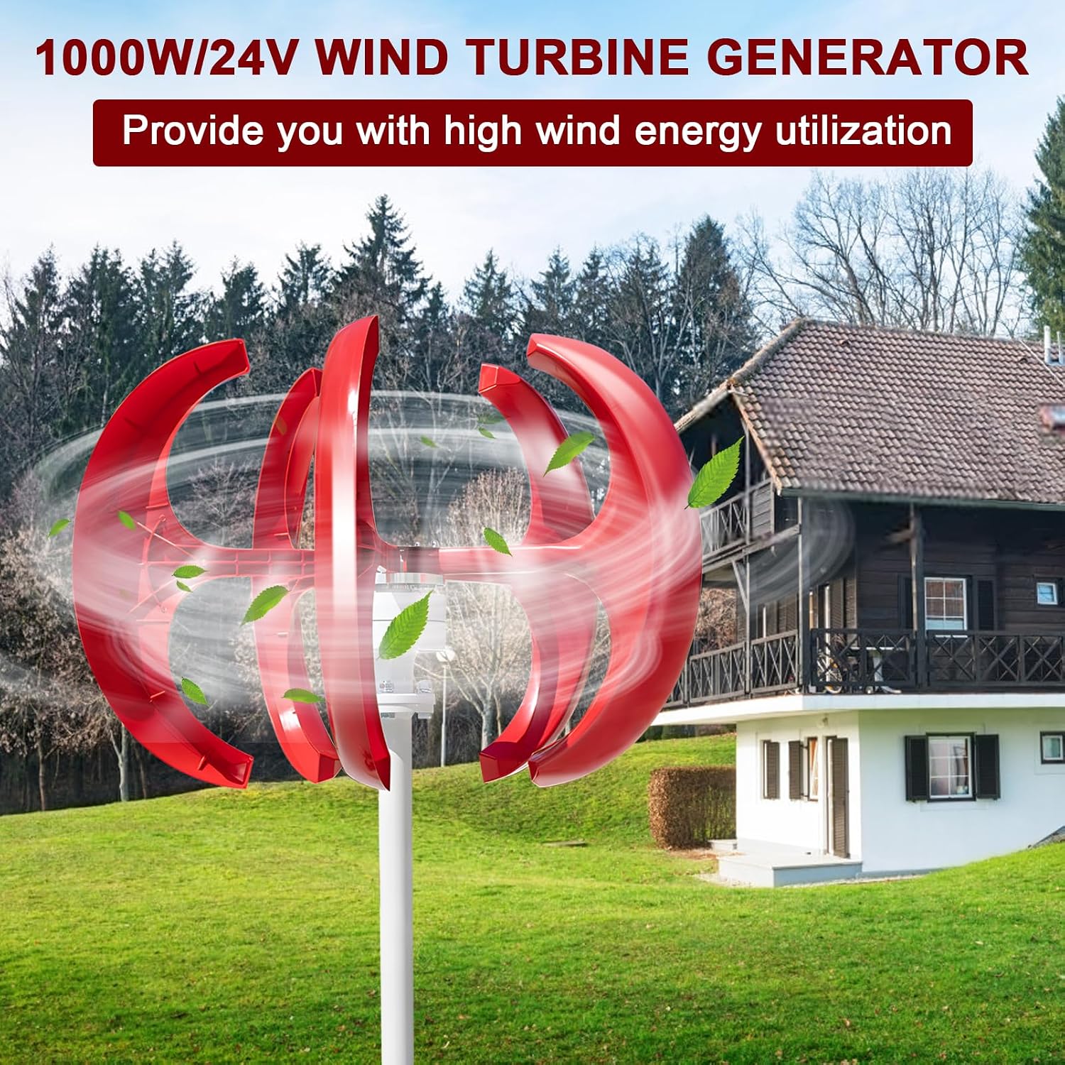 1000W Wind Turbines | 2V/24V Wind Turbines Generator | 5-Blade Lantern Wind Generator | Electromagnetic Electricity Producer Equipment Red | for Home Hybrids Streetlight Use,Electricity Equipment