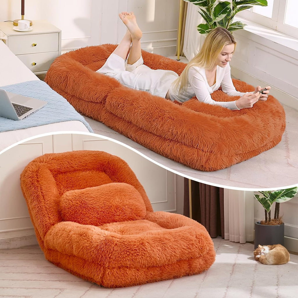 Adjustable Plush Human Dog Bed Lounger for Adult, 5-Position Foldable Lazy Lounge Sofa, Large Size Bean Bag Chair with Pillow, Folding Floor Chair for Living Room, Bedroom, Gaming Room, Orange