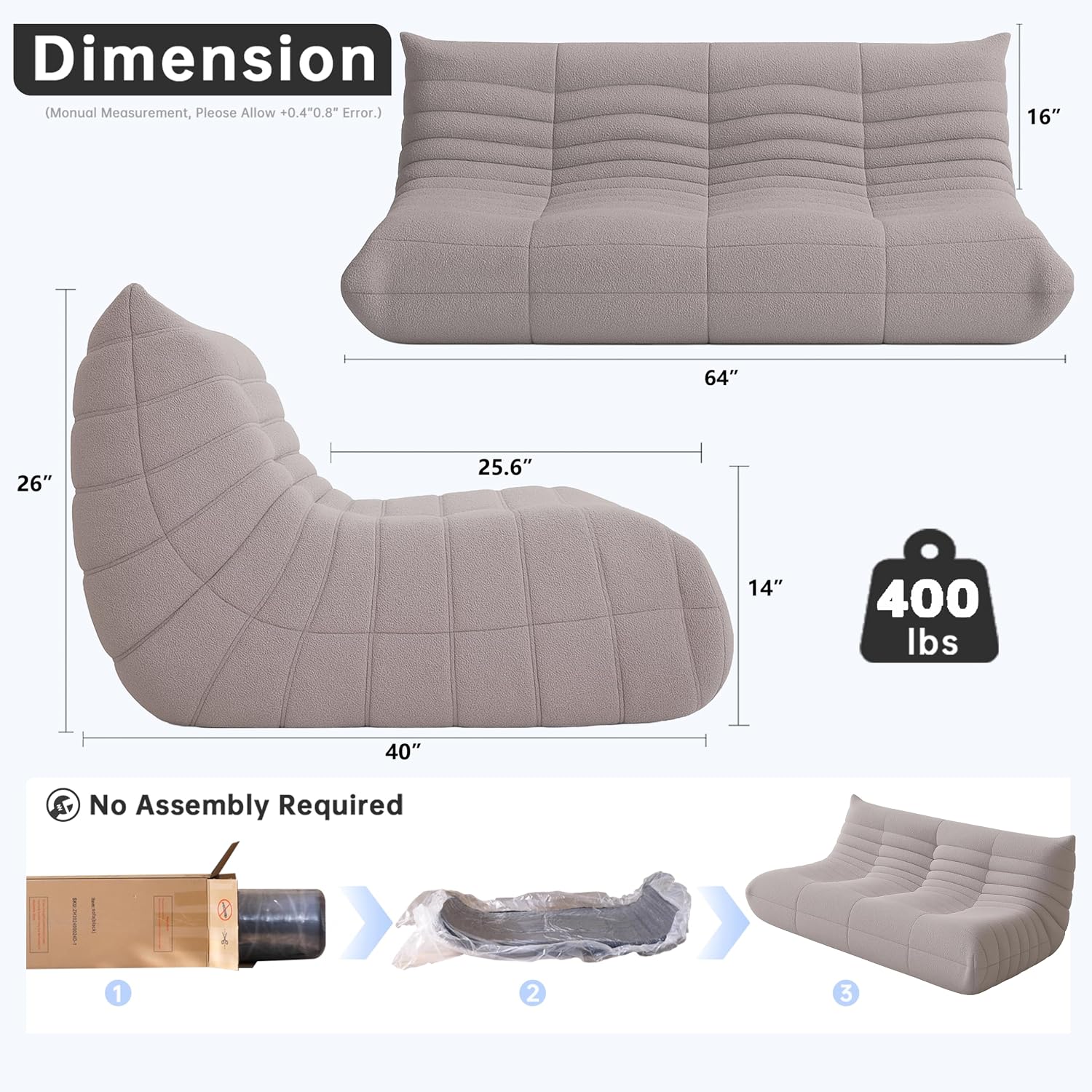 WHGBJA Bean Bag Chairs for Adults, BeanBag Reading Chair Memory Foam Couch 3-Seater, Floor Chair Soft Teddy Material, Comfy Reading Nook Chairs for Bedroom Living Room Office (Grey)