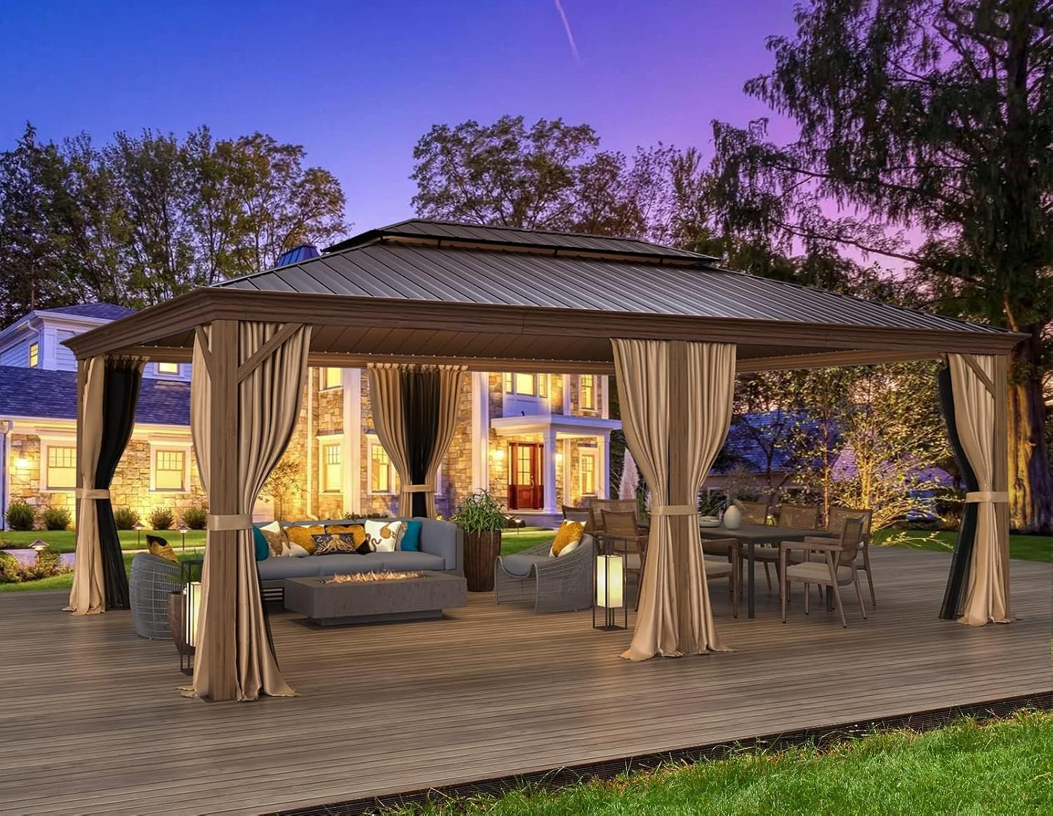 YOLENY 14'x20' Gazebo, Galvanized Steel Double Roof with Wood Grain Aluminum Frame, Outdoor Permanent Metal Pavilion with Curtains and Nettings for Patio, Backyard and Deck
