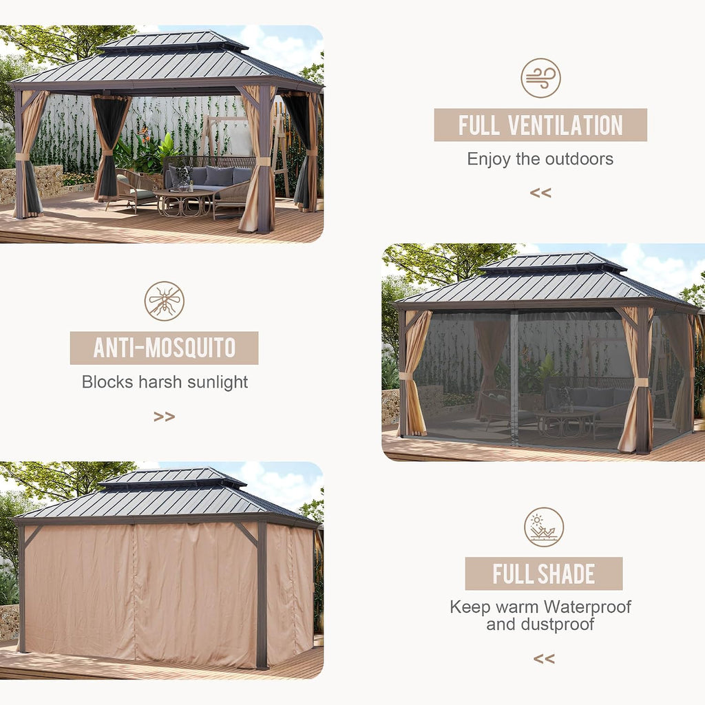12'x16' Hardtop Gazebo with Netting and Curtains, Outdoor Aluminum Frame Pergola, Heavy Duty Metal Double Roof of Galvanized Steel Pavilion for Patio, Backyard, Deck, Lawns